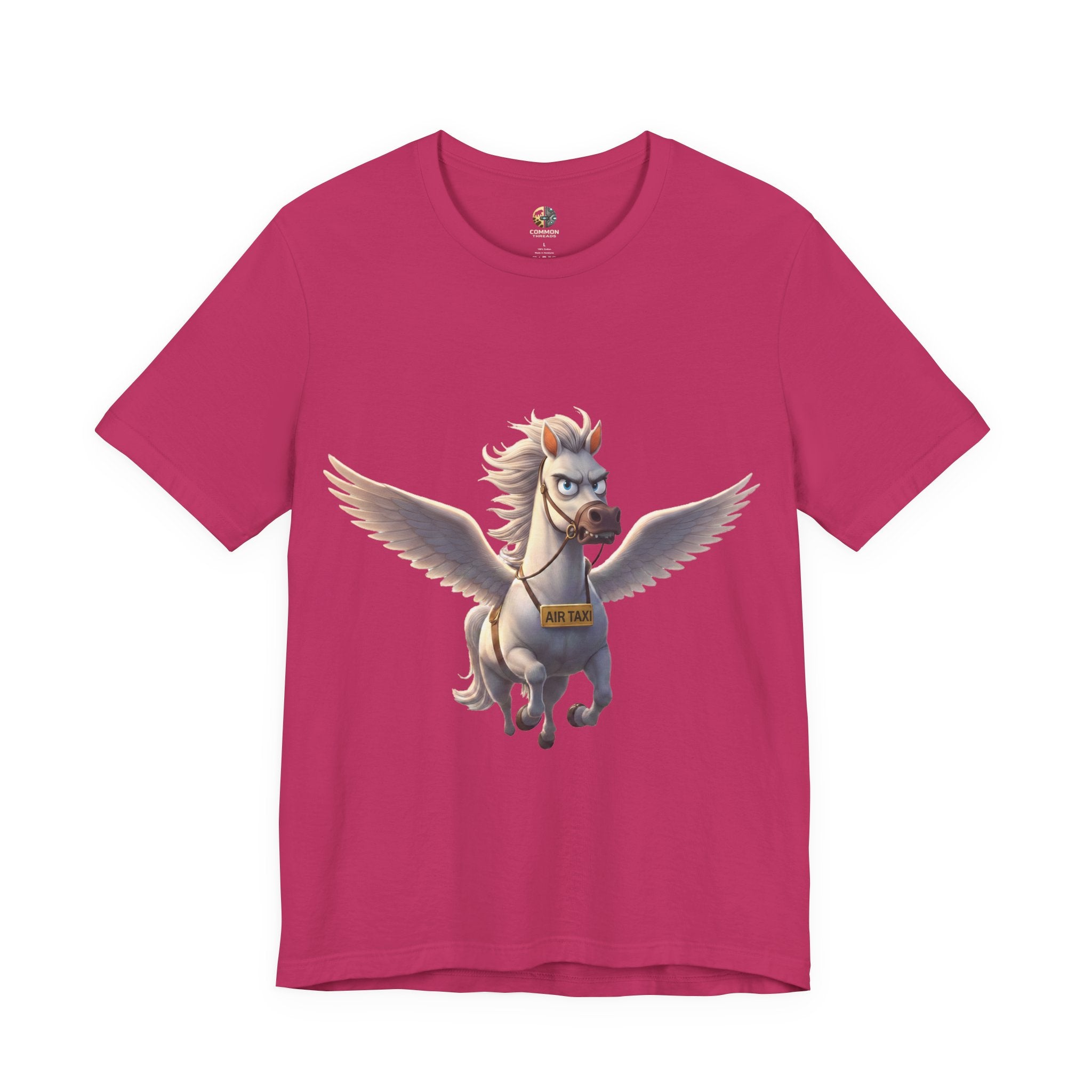 Berry color t-shirt featuring a cartoon pegasus wearing a sign that reads “Air Taxi”