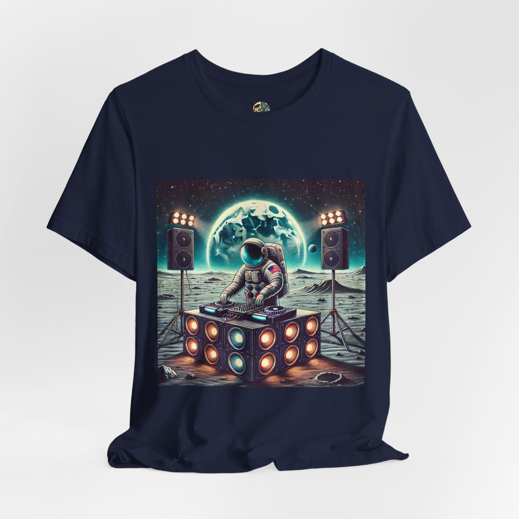 Navy blue T-shirt with graphic of an astronaut on the moon DJing with large speakers, with Earth visible in the starry sky