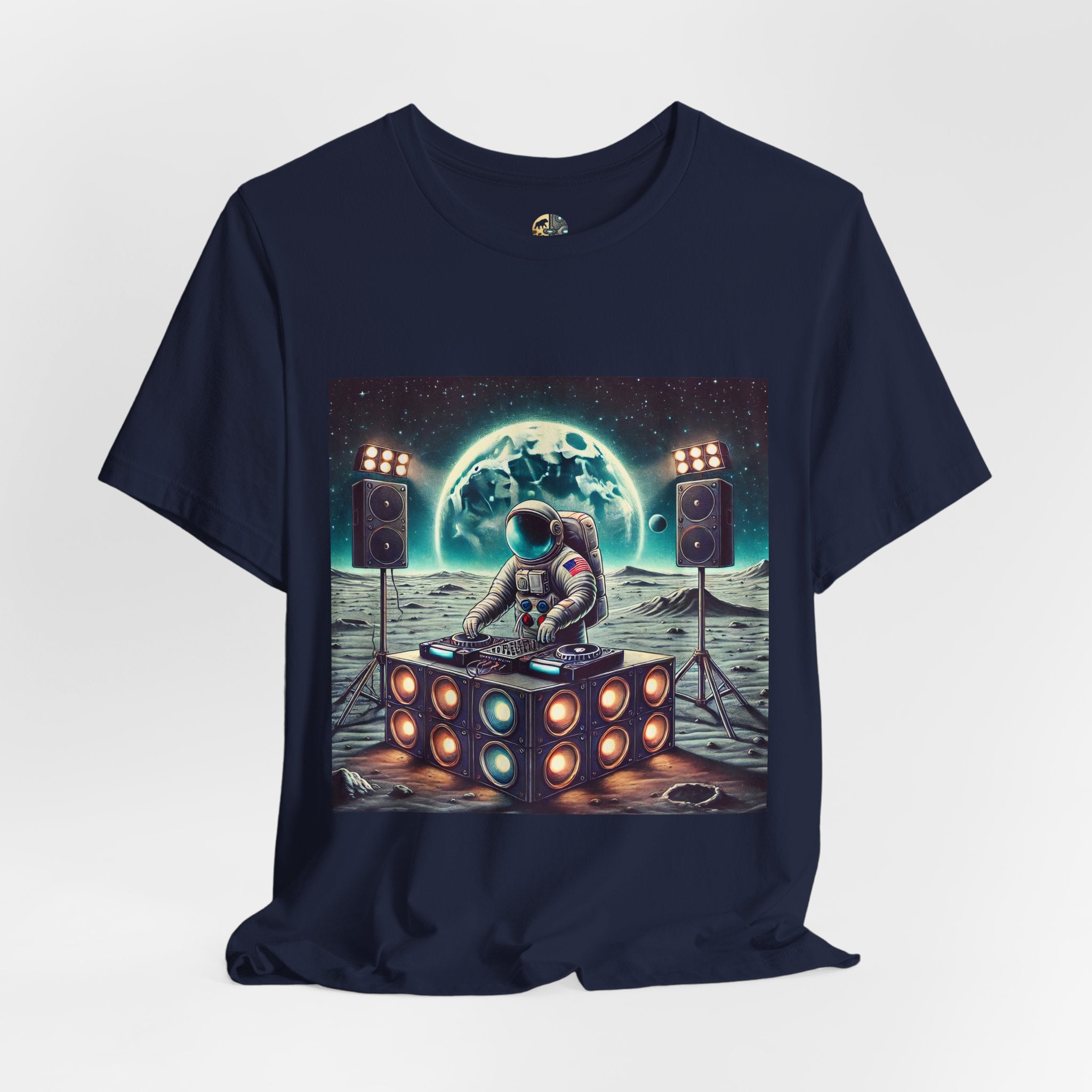 Navy blue T-shirt with graphic of an astronaut on the moon DJing with large speakers, with Earth visible in the starry sky