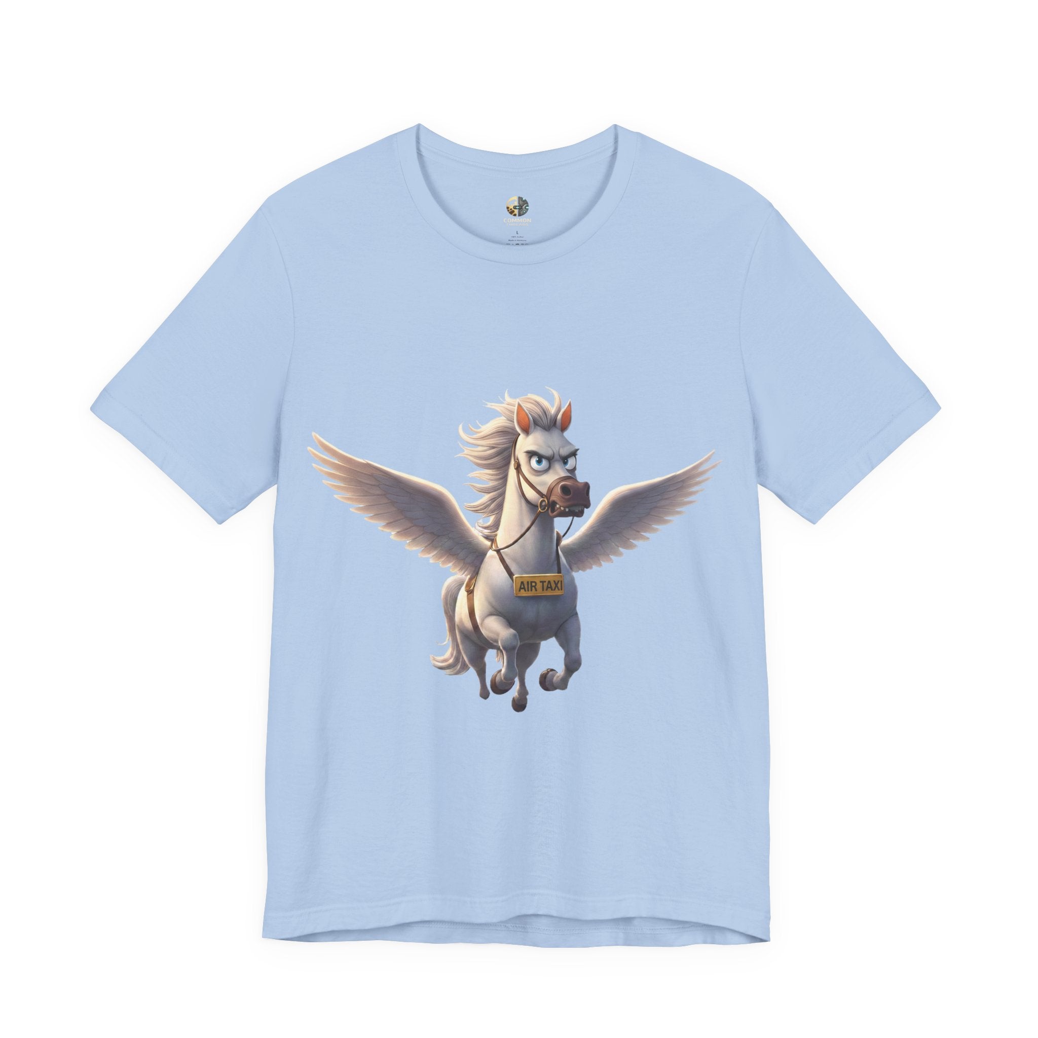 Baby blue t-shirt featuring a cartoon pegasus wearing a sign that reads “Air Taxi”