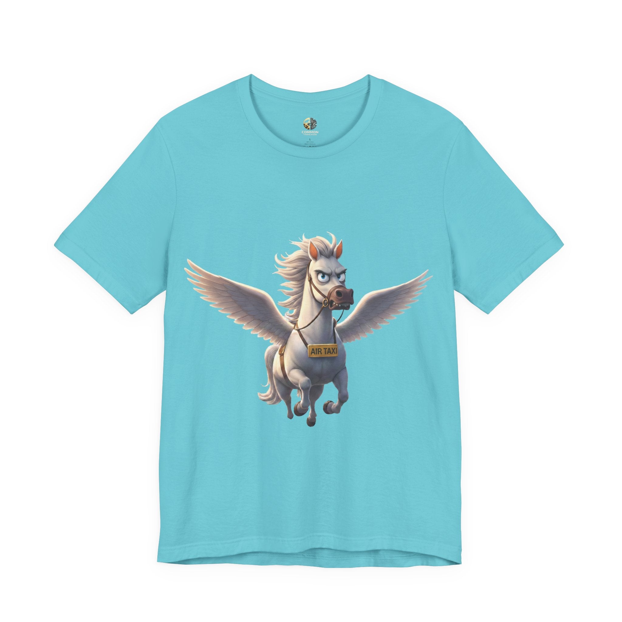 Teal t-shirt featuring a cartoon pegasus wearing a sign that reads “Air Taxi”