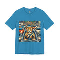 Aqua blue T-shirt featuring a graphic of a cheetah sitting in the driver’s seat of a car stuck in heavy city traffic