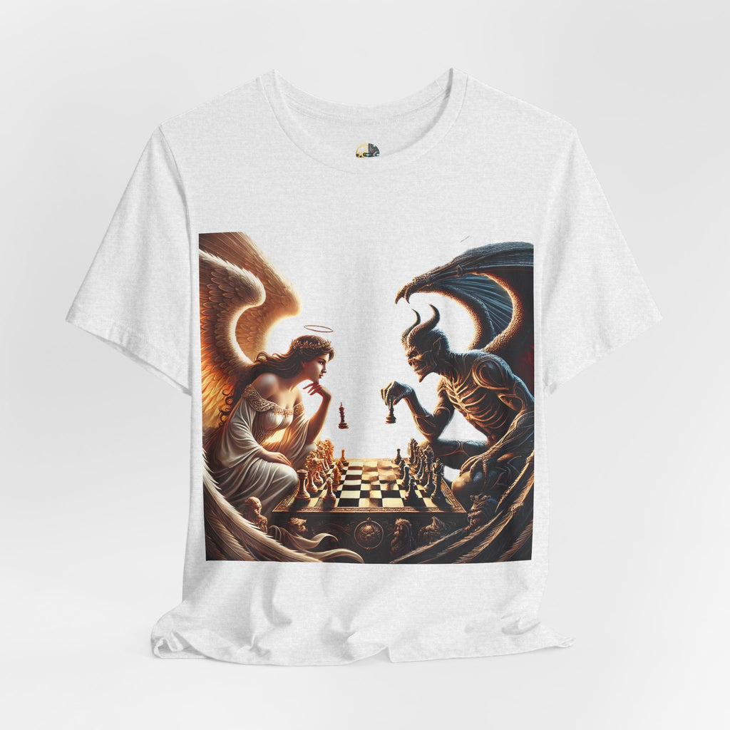 Ash color T-shirt featuring a graphic of an angel and a demon playing chess, with a golden king piece levitating