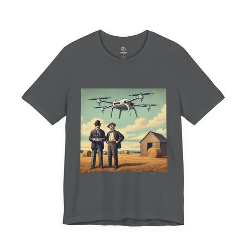 Asphalt grey T-shirt featuring a graphic of the Wright brothers standing in a hayfield operating a modern quadcopter drone