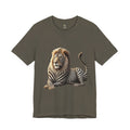 Army green color T-shirt with graphic of a lion with zebra stripes