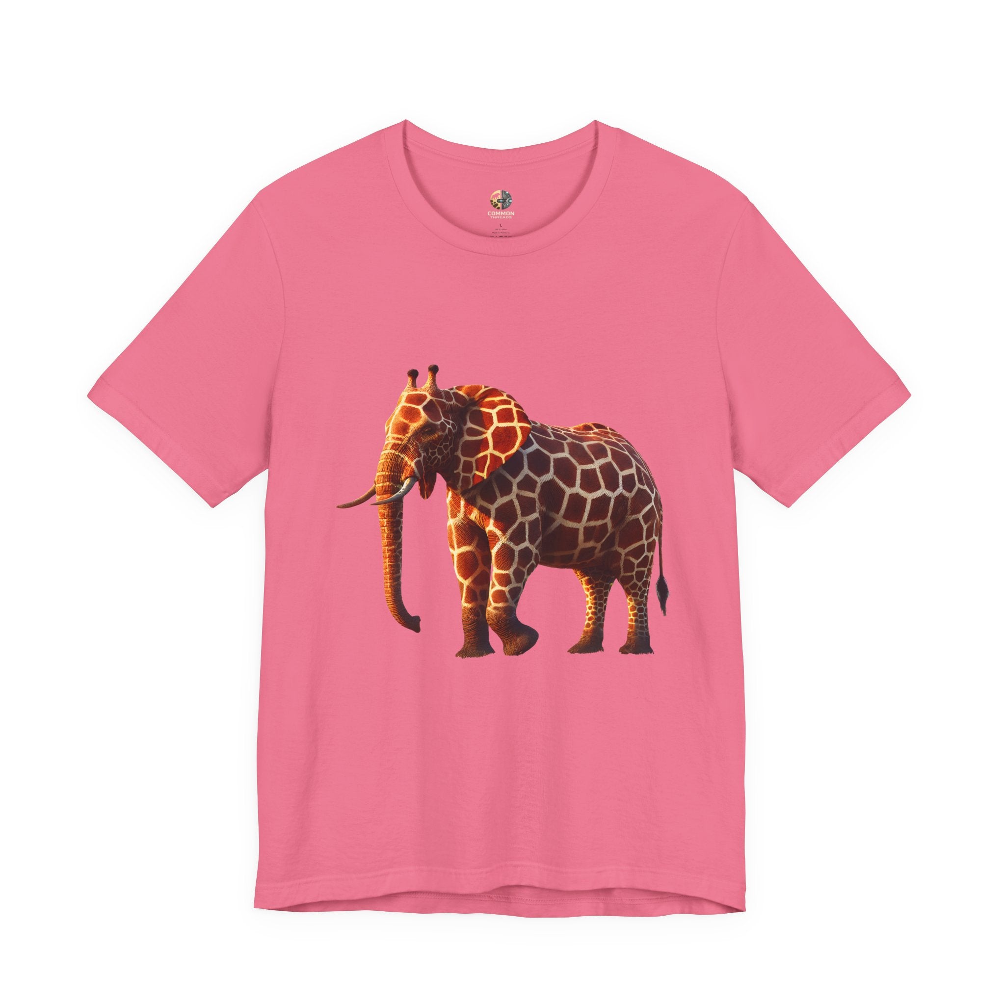 Charity pink T-shirt featuring an elephant–giraffe hybrid with giraffe patterns and small ossicones.