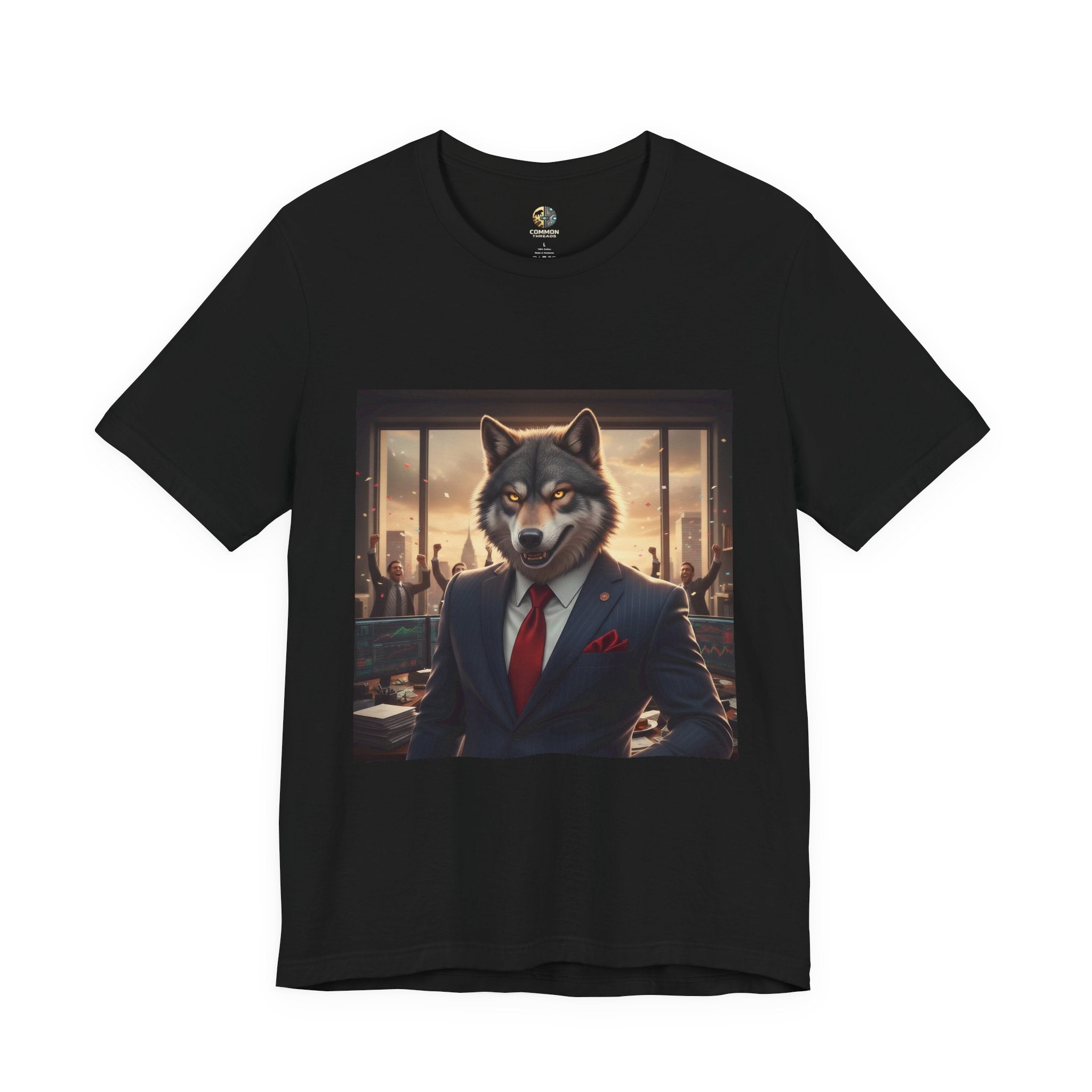 Black T-shirt featuring a graphic of a wolf dressed as a stockbroker in a suit and red tie, standing in a high-rise office with celebrating traders in the background