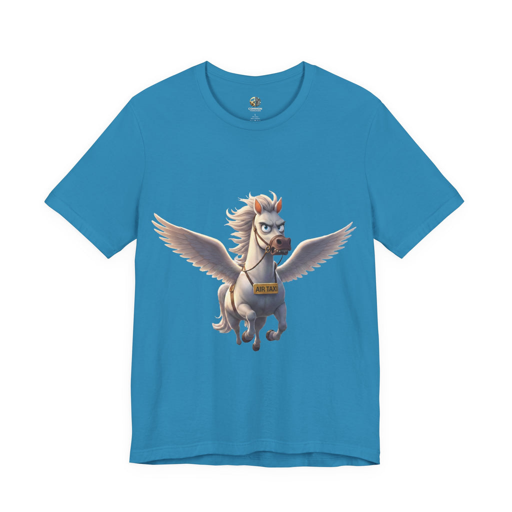 Aqua blue t-shirt featuring a cartoon pegasus wearing a sign that reads “Air Taxi”