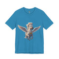 Aqua blue t-shirt featuring a cartoon pegasus wearing a sign that reads “Air Taxi”