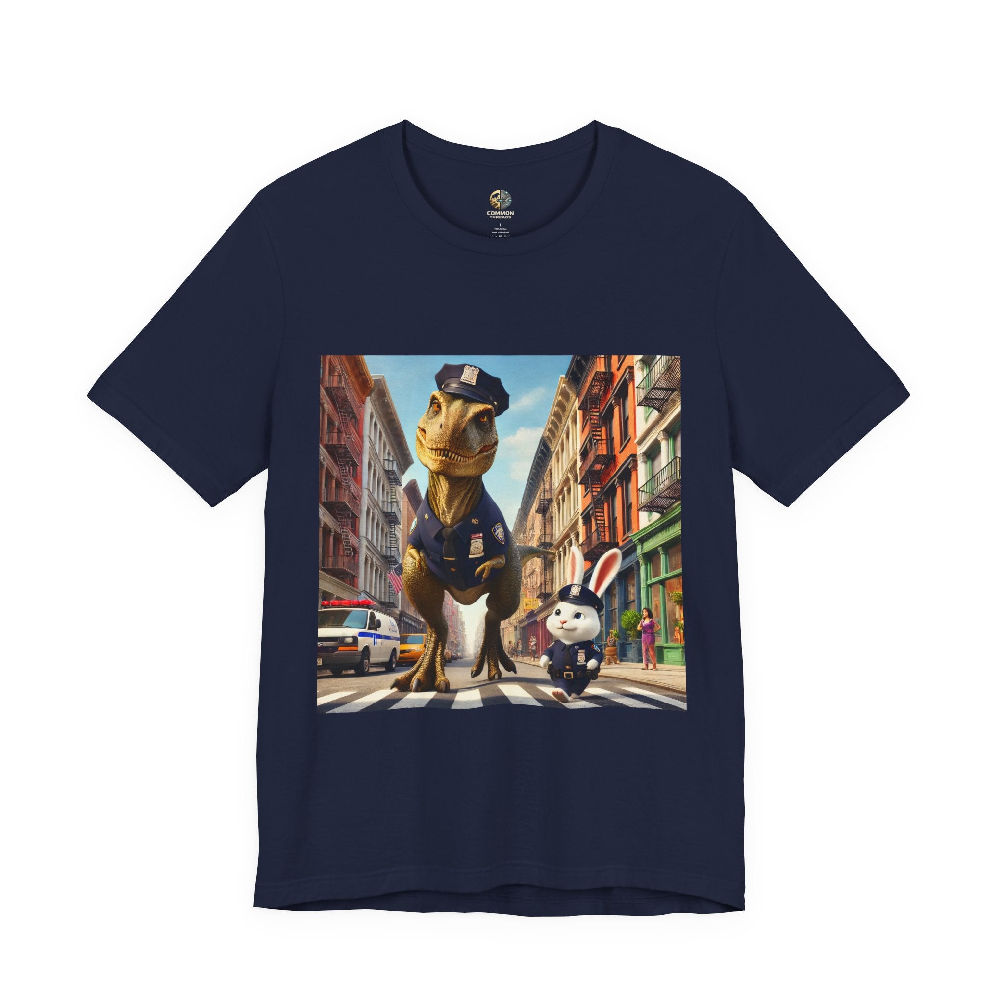 Navy blue T-shirt showing a T-Rex and a bunny dressed as police officers standing together on a crosswalk in a New York–style urban setting