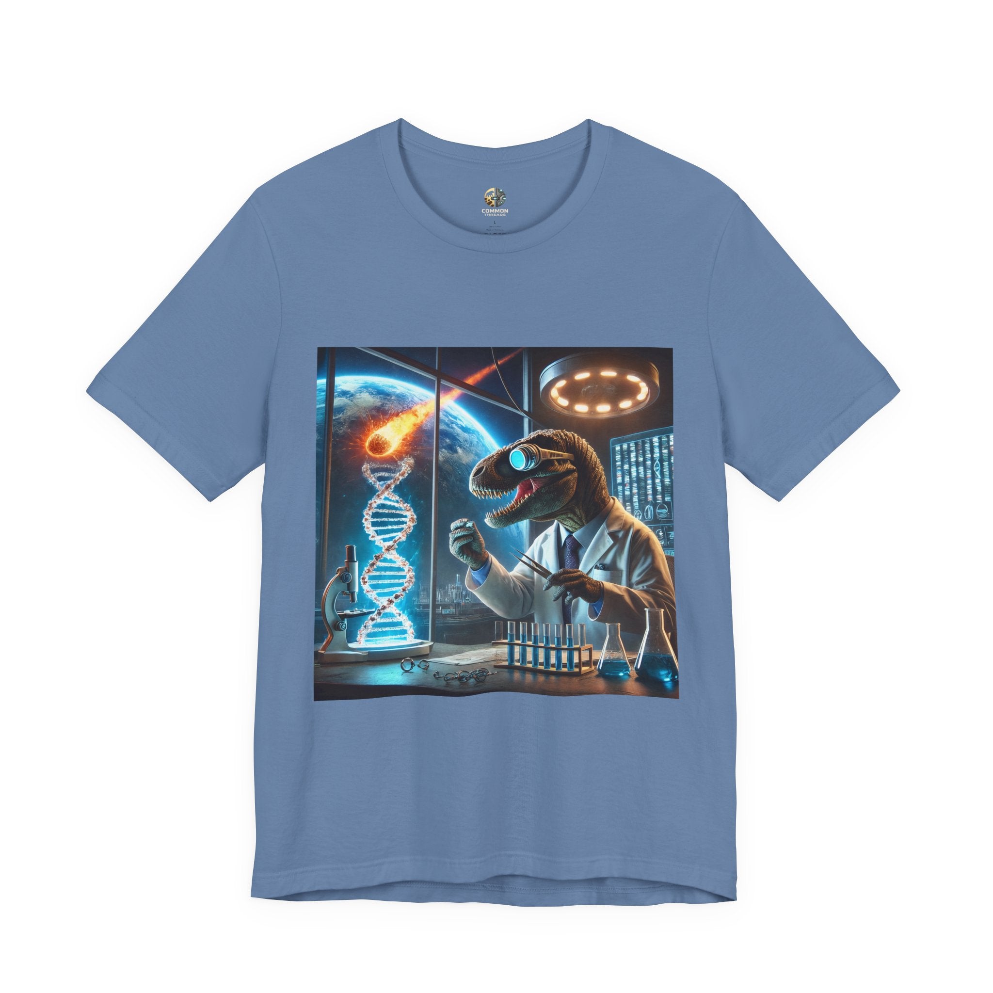 Lavender blue t-shirt featuring a dinosaur in a space lab conducting experiments, with Earth visible outside being hit by a meteor