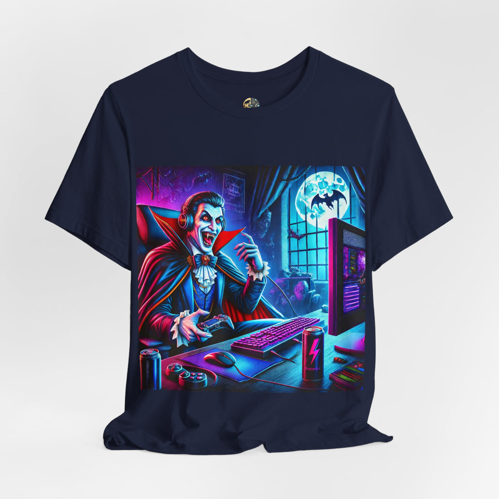 A navy blue t-shirt of a vampire playing video games in night time
