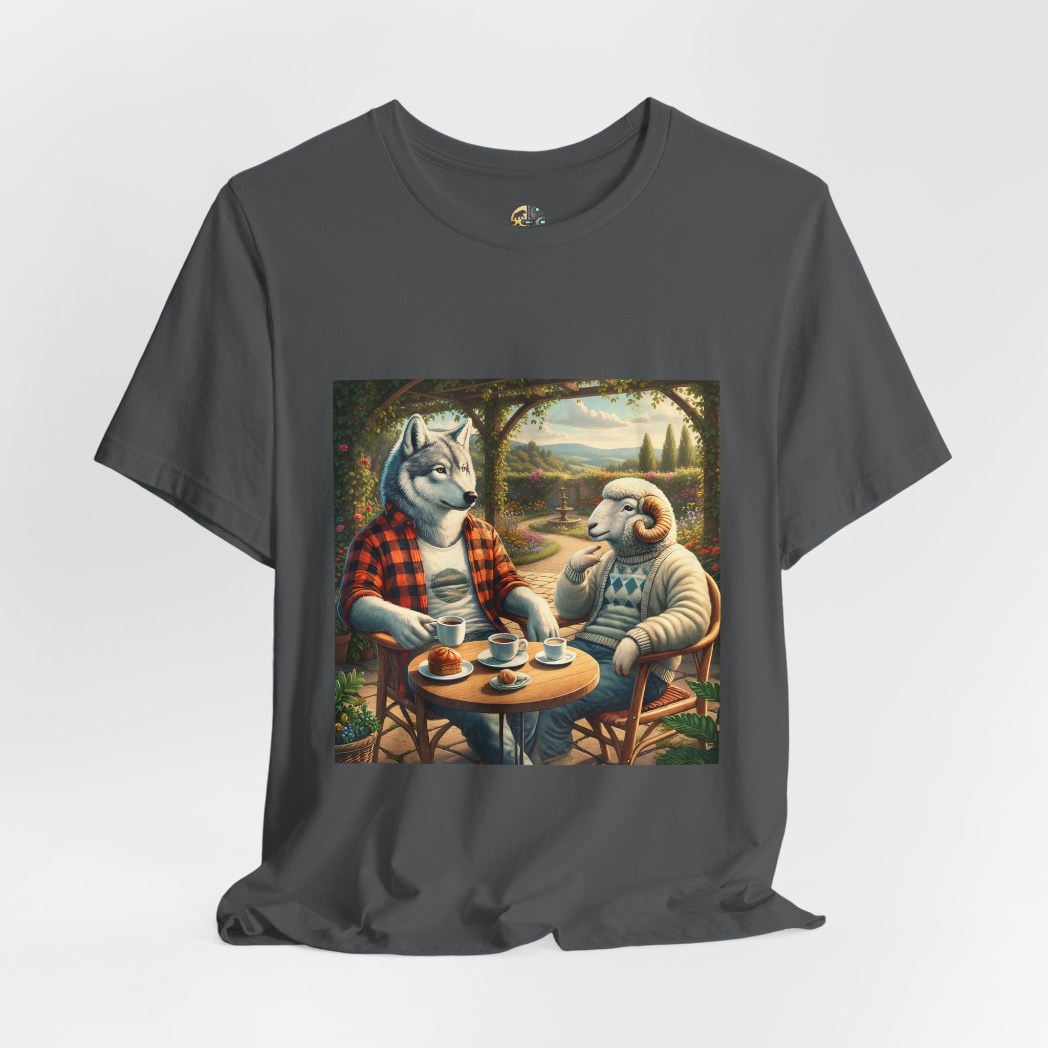 Asphalt grey color T-shirt featuring a graphic of a wolf in a flannel shirt and a ram in a patterned sweater sitting at a café table drinking coffee on a porch