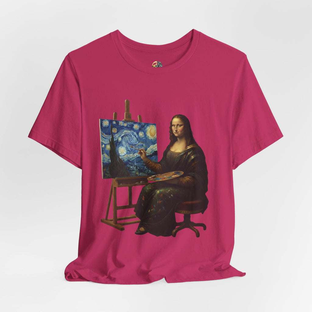 Berry color t-shirt with a graphic of the Mona Lisa painting ‘The Starry Night’