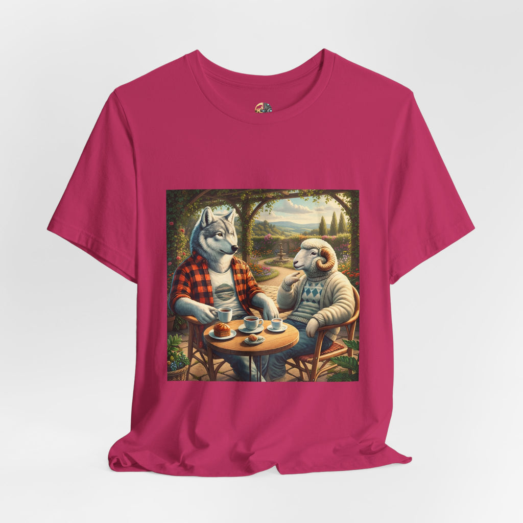 Berry color T-shirt featuring a graphic of a wolf in a flannel shirt and a ram in a patterned sweater sitting at a café table drinking coffee on a porch