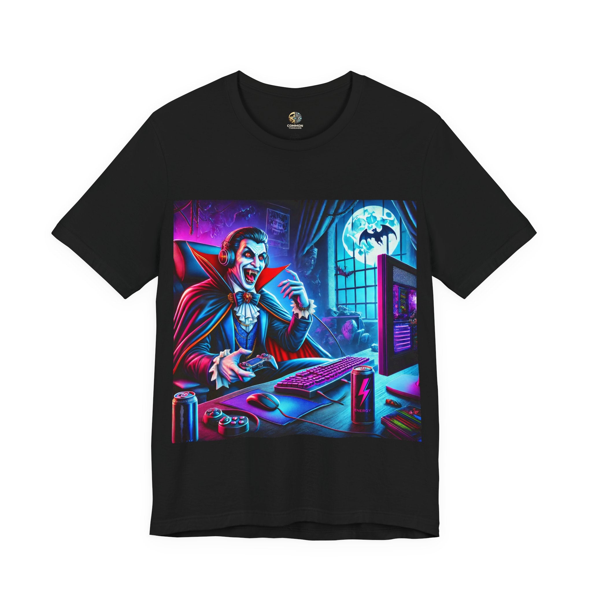 Black t-shirt of a vampire playing video games in night time