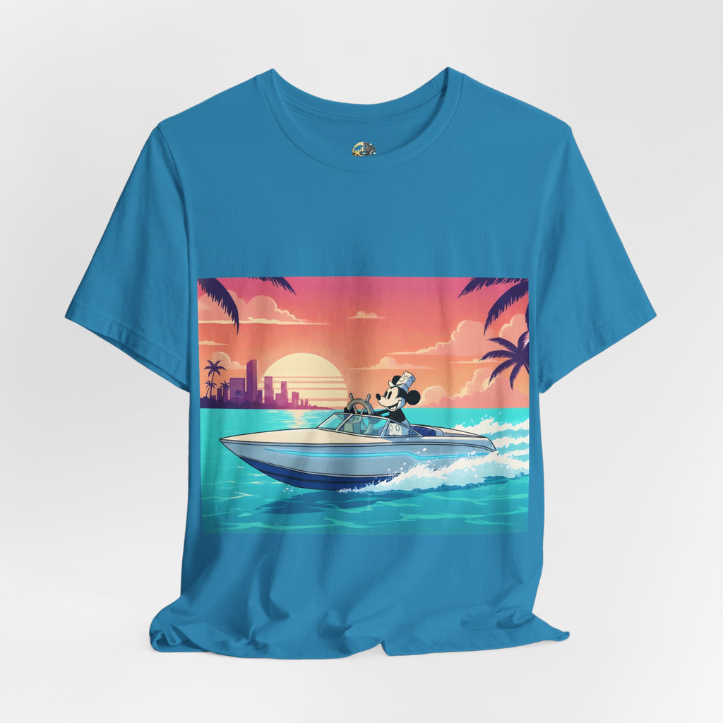 Aqua blue t-shirt with A 1920s-style riverboat mouse captain piloting a modern speedboat against a neon 1980s Miami-style sunset and skyline