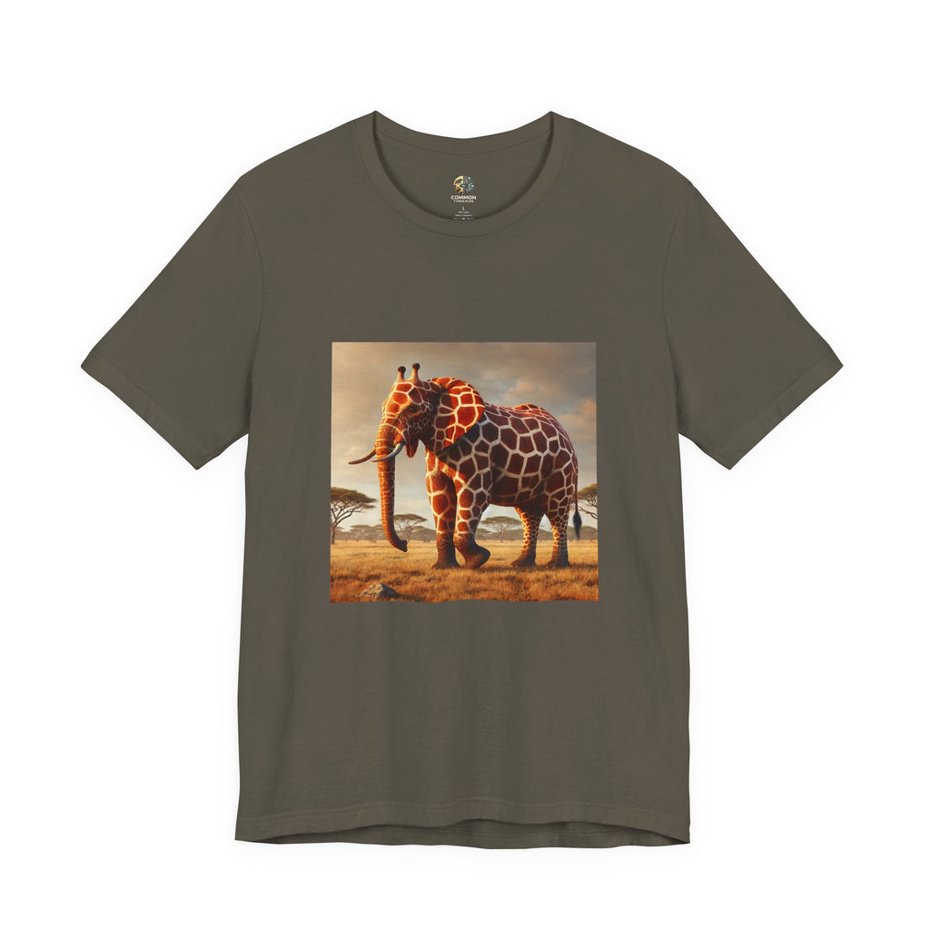 Army color T-shirt featuring a graphic of an elephant–giraffe hybrid with giraffe patterns and small ossicones, set against a savanna background