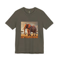 Army color T-shirt featuring a graphic of an elephant–giraffe hybrid with giraffe patterns and small ossicones, set against a savanna background