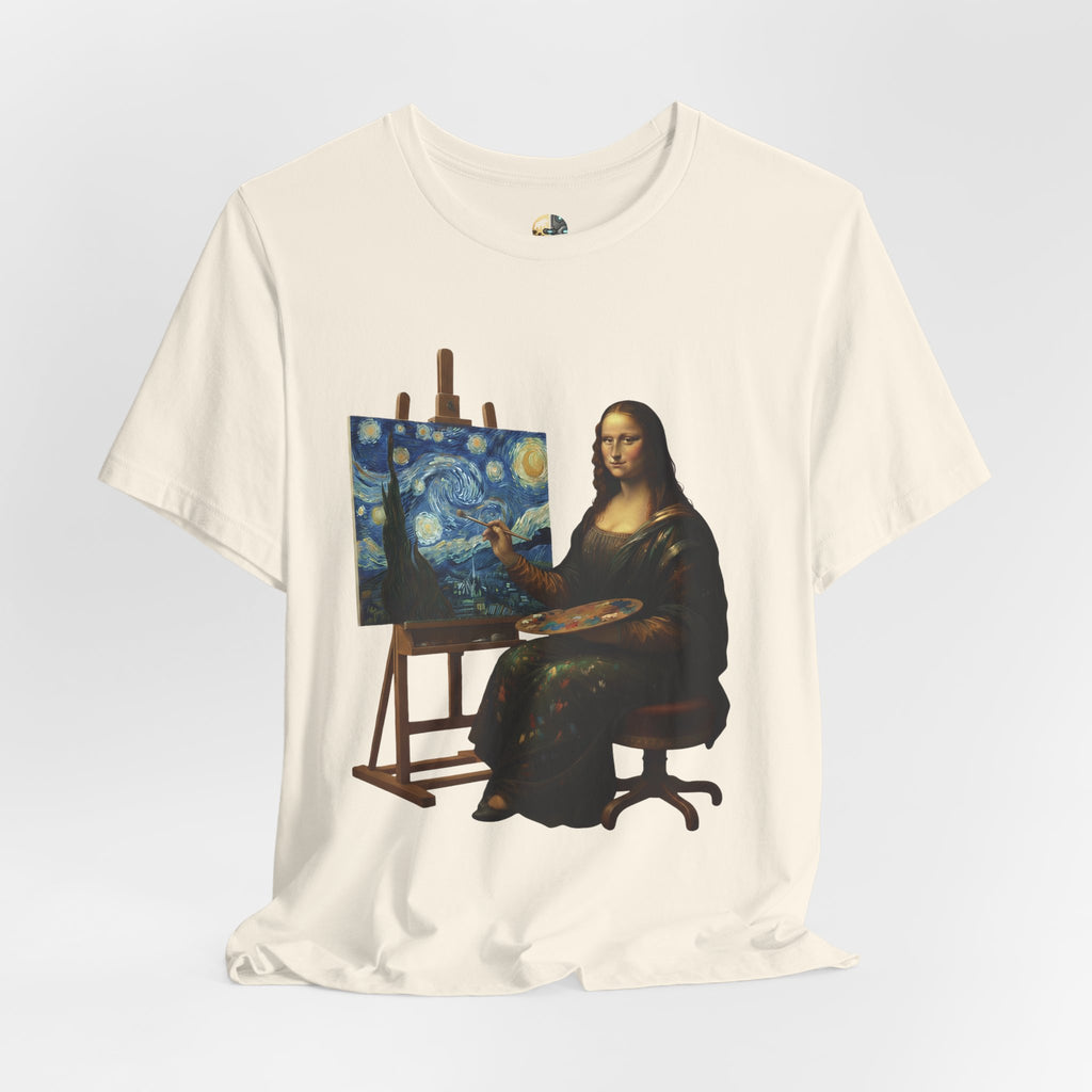 Natural color t-shirt with a graphic of the Mona Lisa painting ‘The Starry Night’