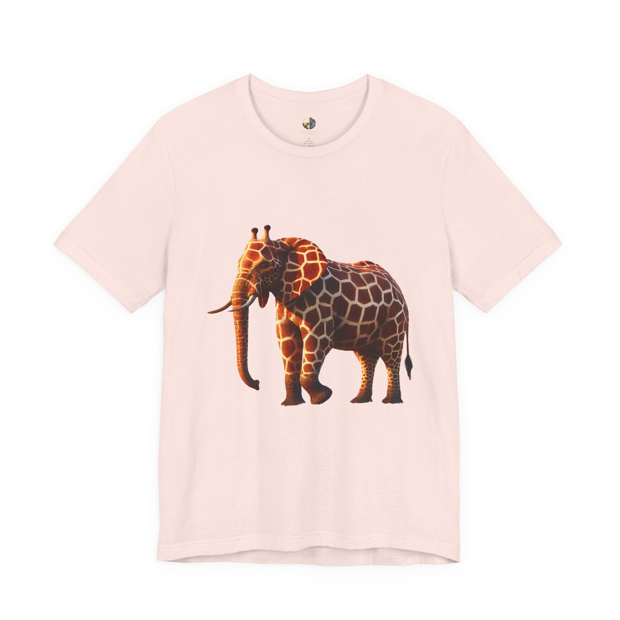 Soft pink T-shirt featuring an elephant–giraffe hybrid with giraffe patterns and small ossicones.