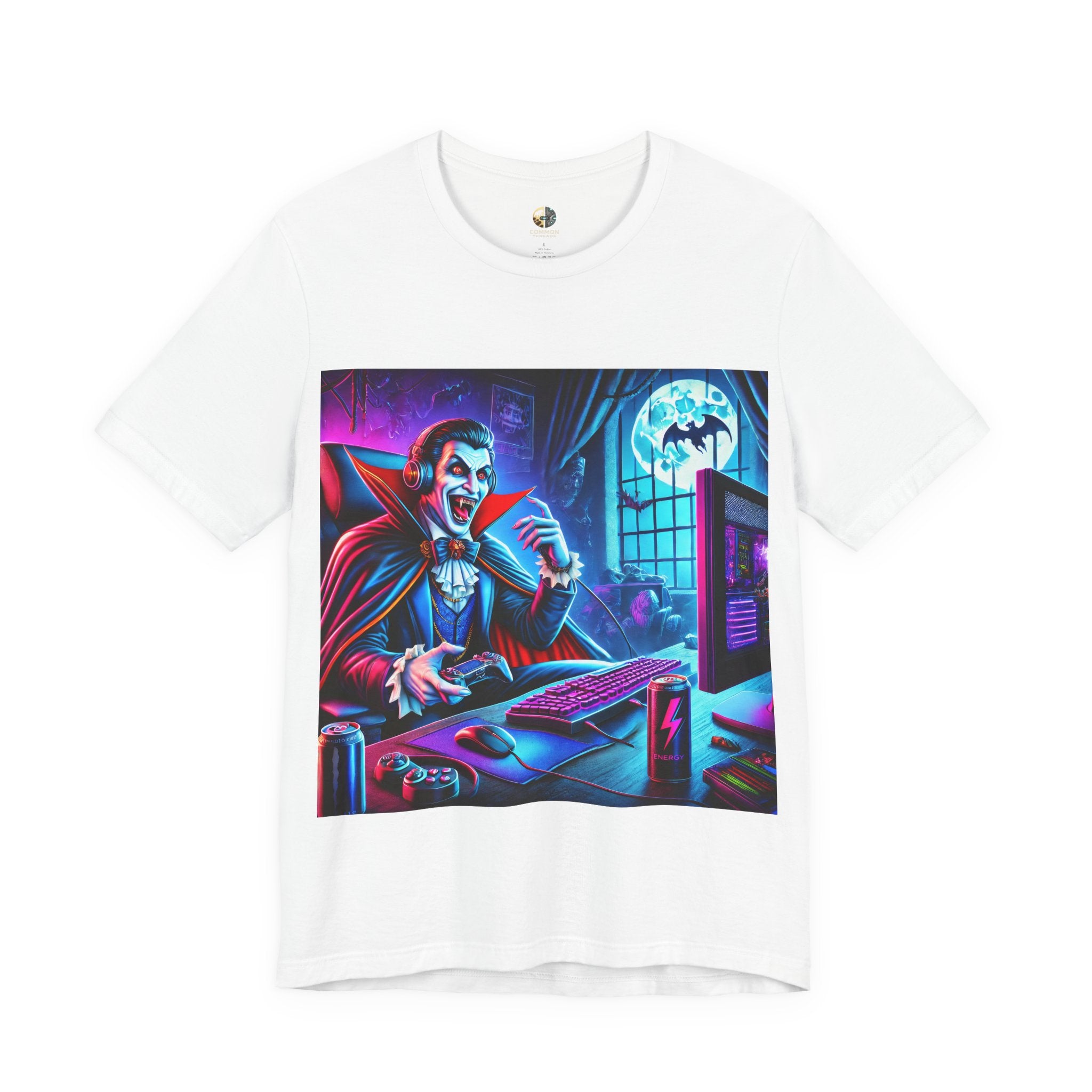 A white t-shirt of a vampire playing video games in night time