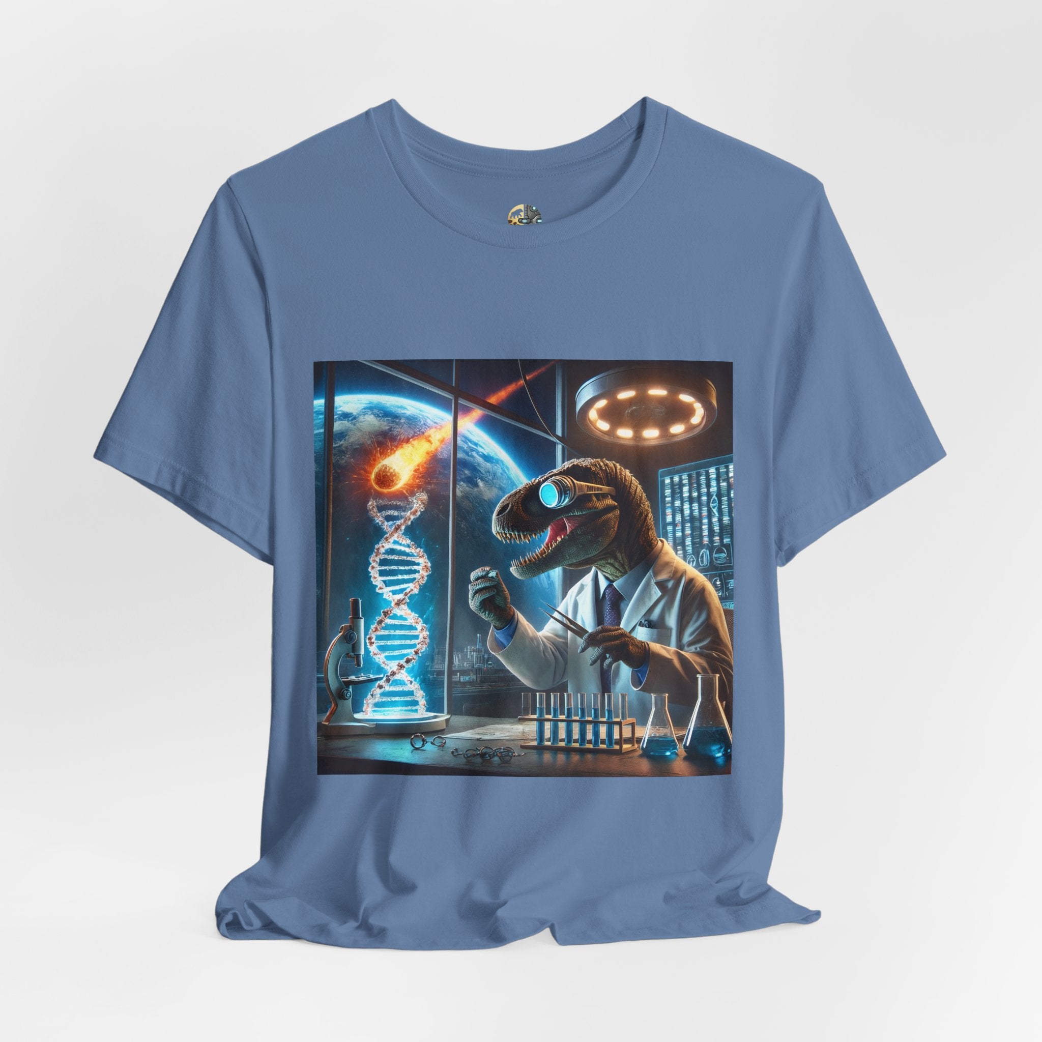 Lavender blue t-shirt featuring a dinosaur in a space lab conducting experiments, with Earth visible outside being hit by a meteor