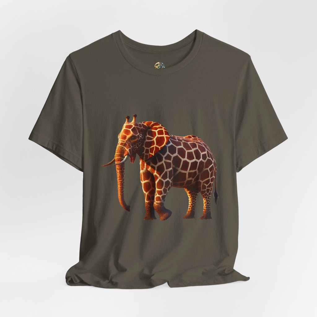 Army color T-shirt featuring an elephant–giraffe hybrid with giraffe patterns and small ossicones.