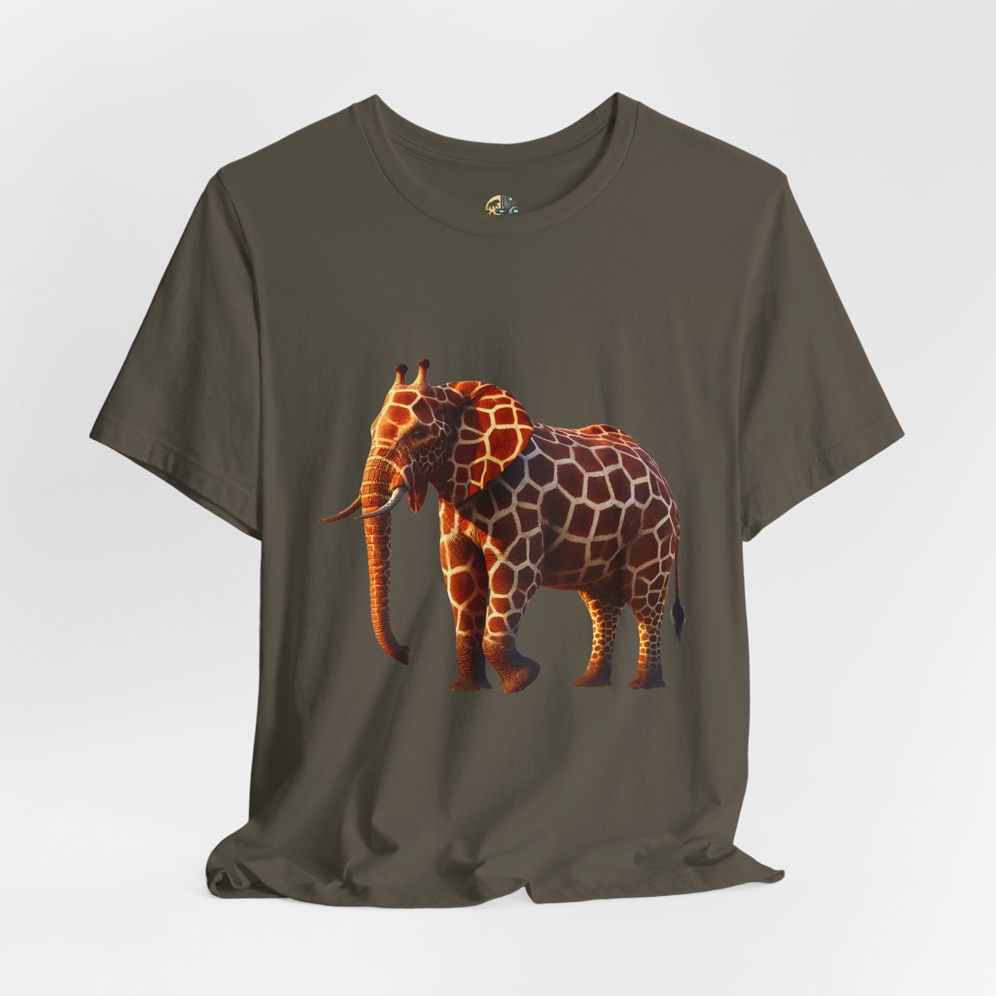 Army color T-shirt featuring an elephant–giraffe hybrid with giraffe patterns and small ossicones.