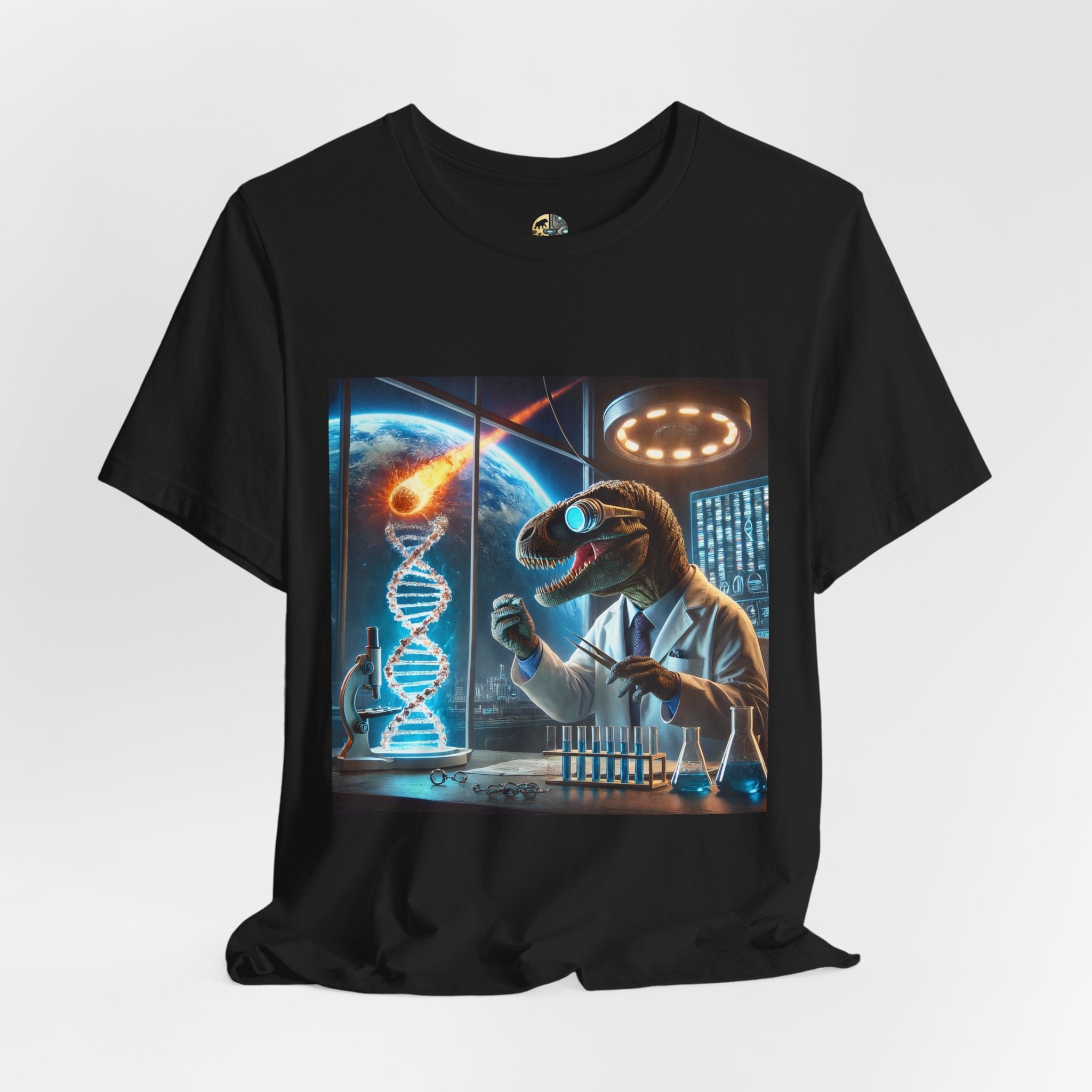 Black t-shirt featuring a dinosaur in a space lab conducting experiments, with Earth visible outside being hit by a meteor