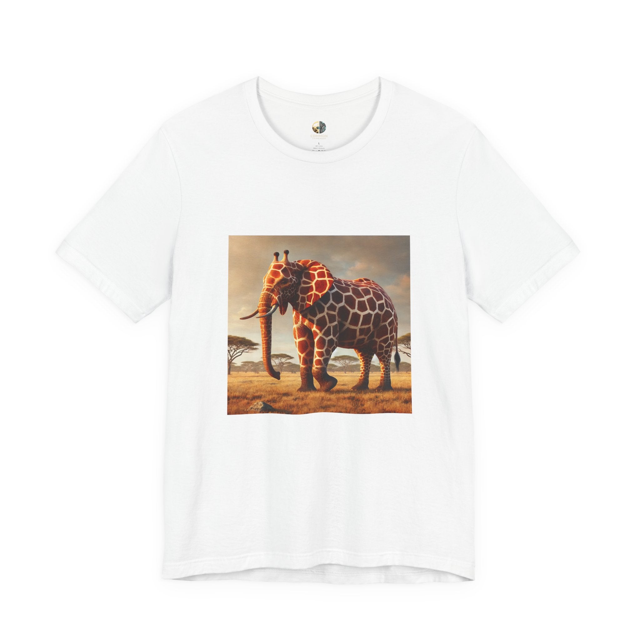 White T-shirt featuring a graphic of an elephant–giraffe hybrid with giraffe patterns and small ossicones, set against a savanna background