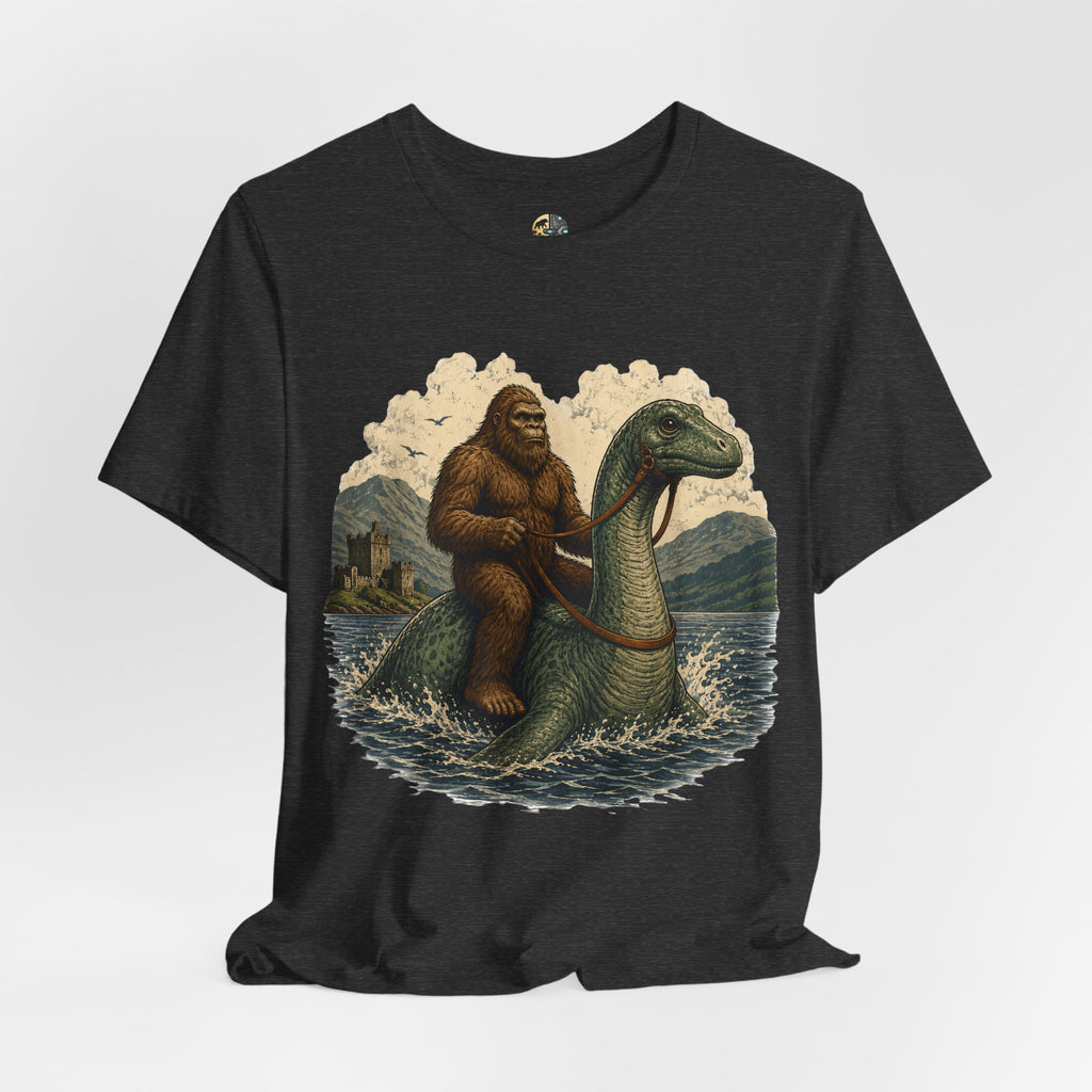 Dark grey heather t-shirt featuring bigfoot riding on the Loch Ness monster