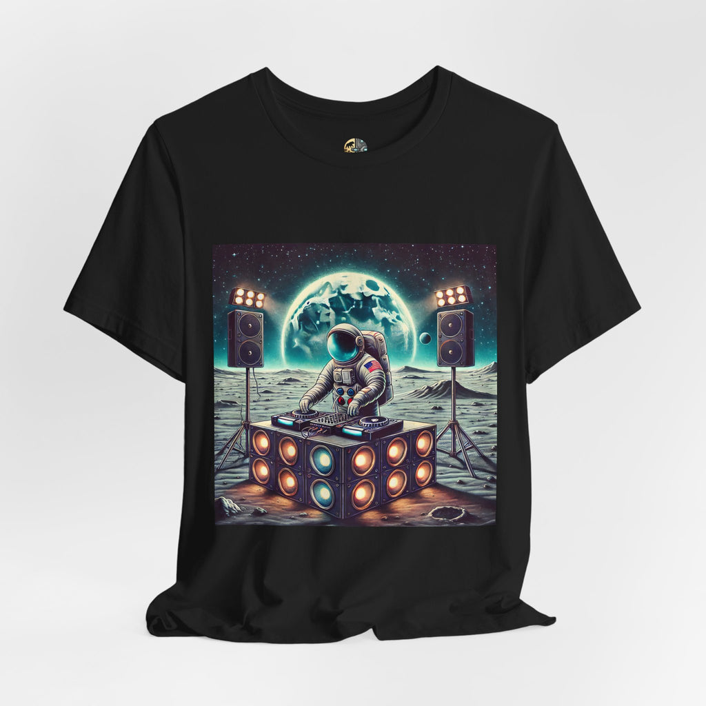 Black T-shirt with graphic of an astronaut on the moon DJing with large speakers, with Earth visible in the starry sky