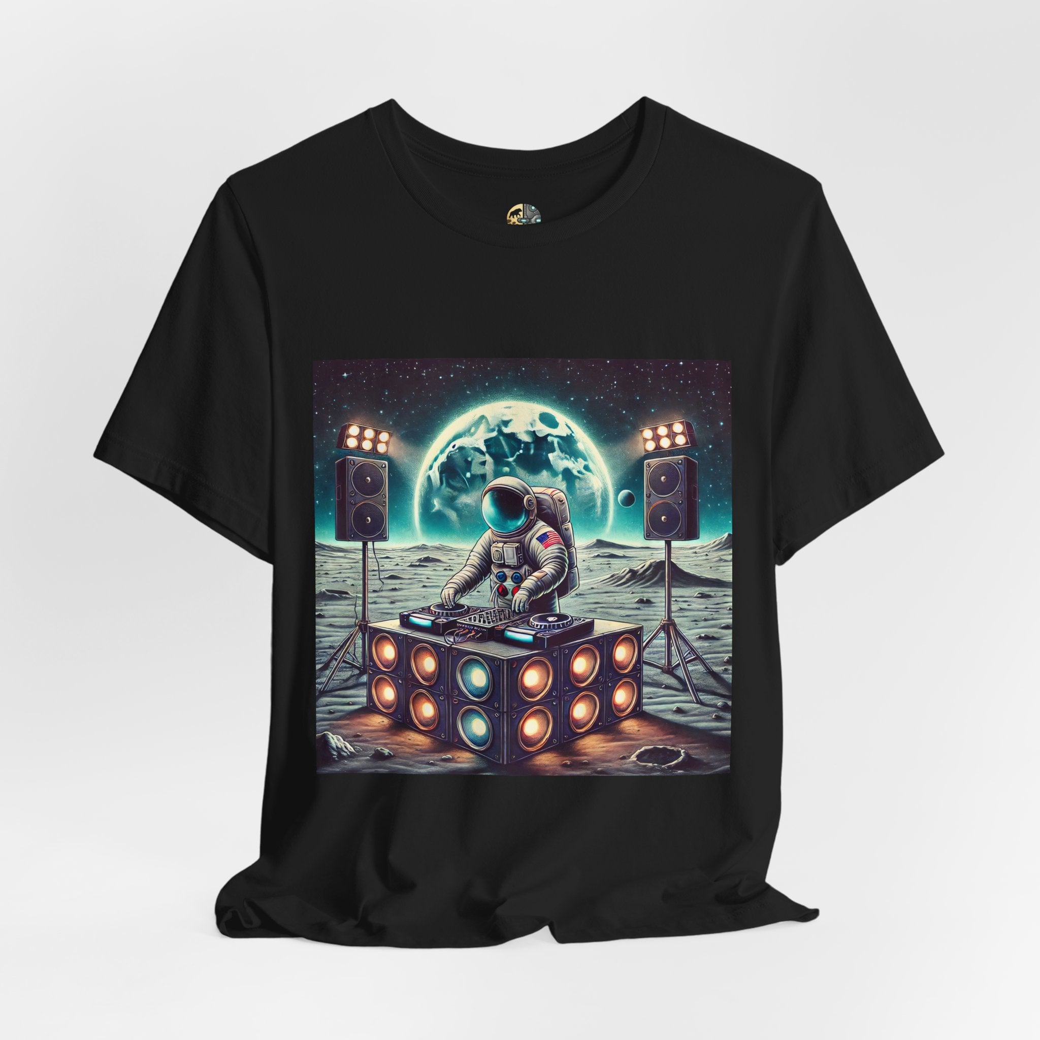 Black T-shirt with graphic of an astronaut on the moon DJing with large speakers, with Earth visible in the starry sky