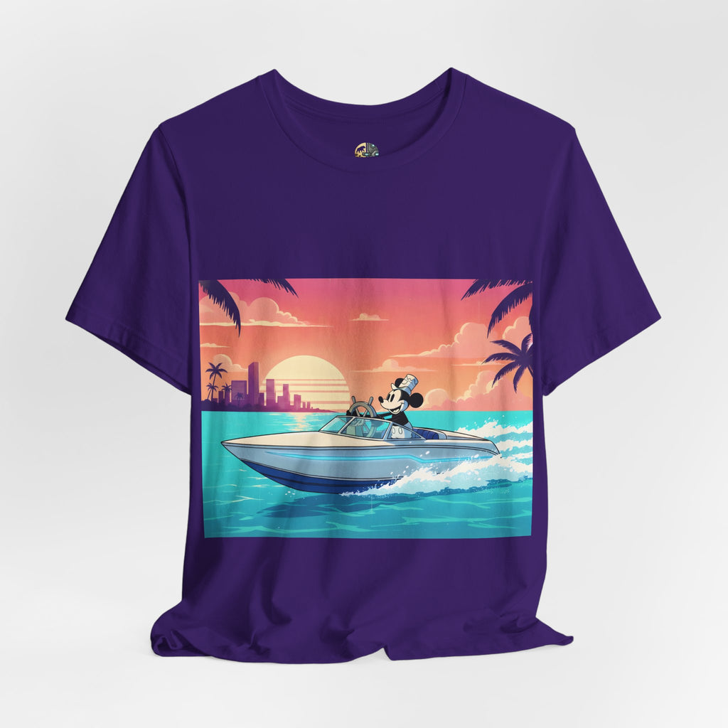 Purple t-shirt with A 1920s-style riverboat mouse captain piloting a modern speedboat against a neon 1980s Miami-style sunset and skyline