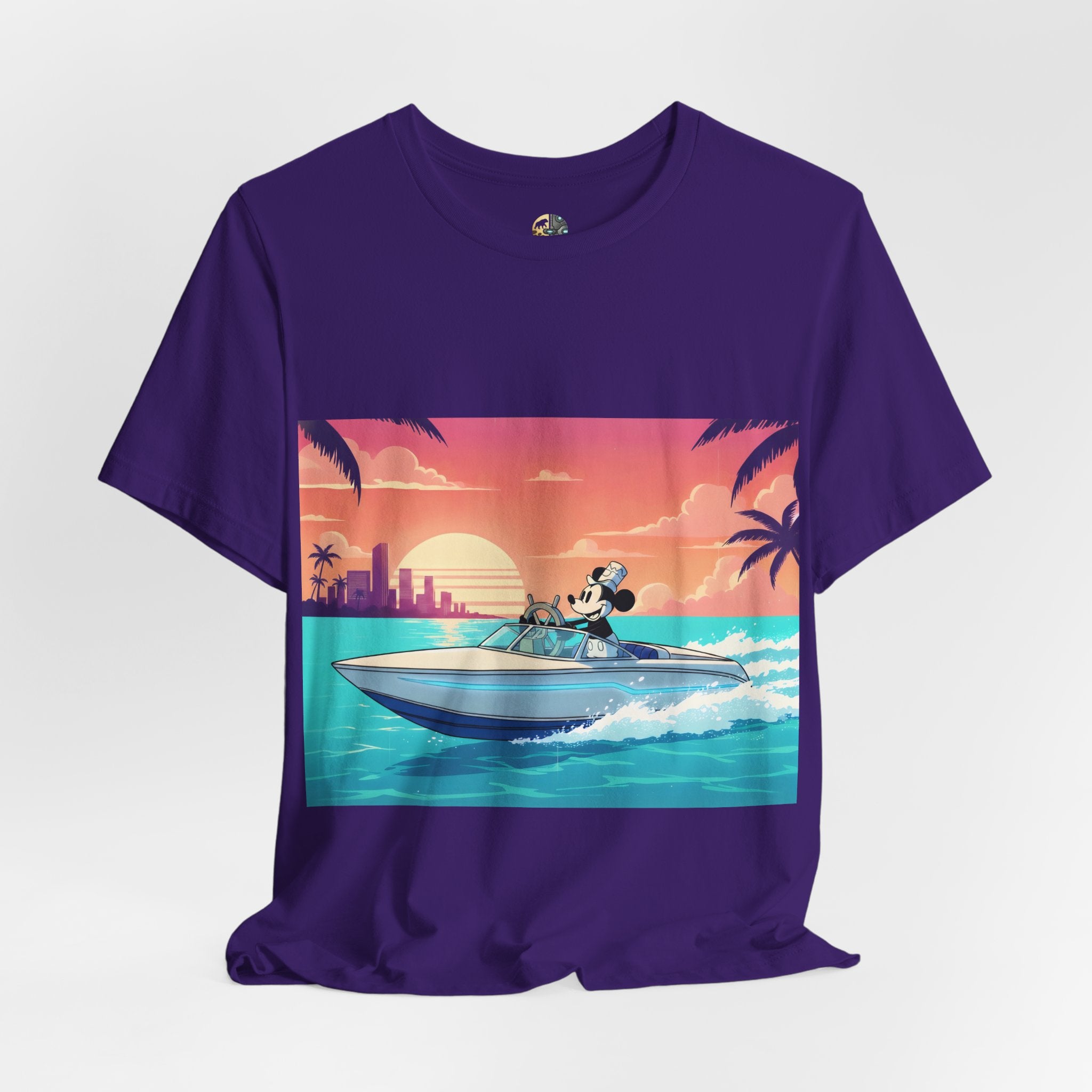 Purple t-shirt with A 1920s-style riverboat mouse captain piloting a modern speedboat against a neon 1980s Miami-style sunset and skyline