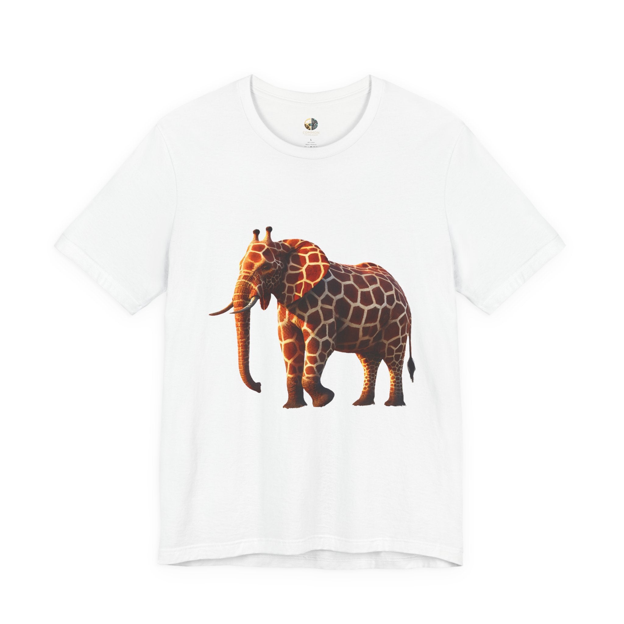 White T-shirt featuring an elephant–giraffe hybrid with giraffe patterns and small ossicones.