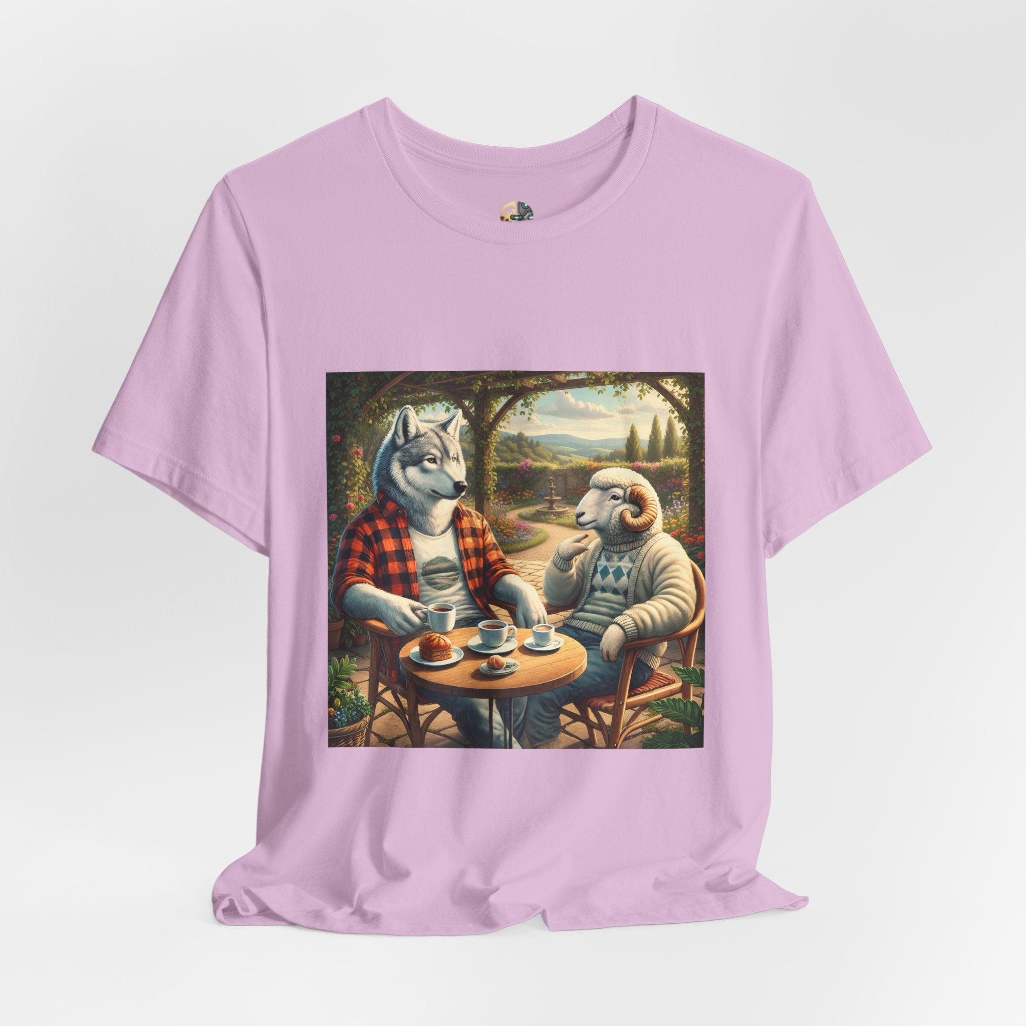 Lilac T-shirt featuring a graphic of a wolf in a flannel shirt and a ram in a patterned sweater sitting at a café table drinking coffee on a porch