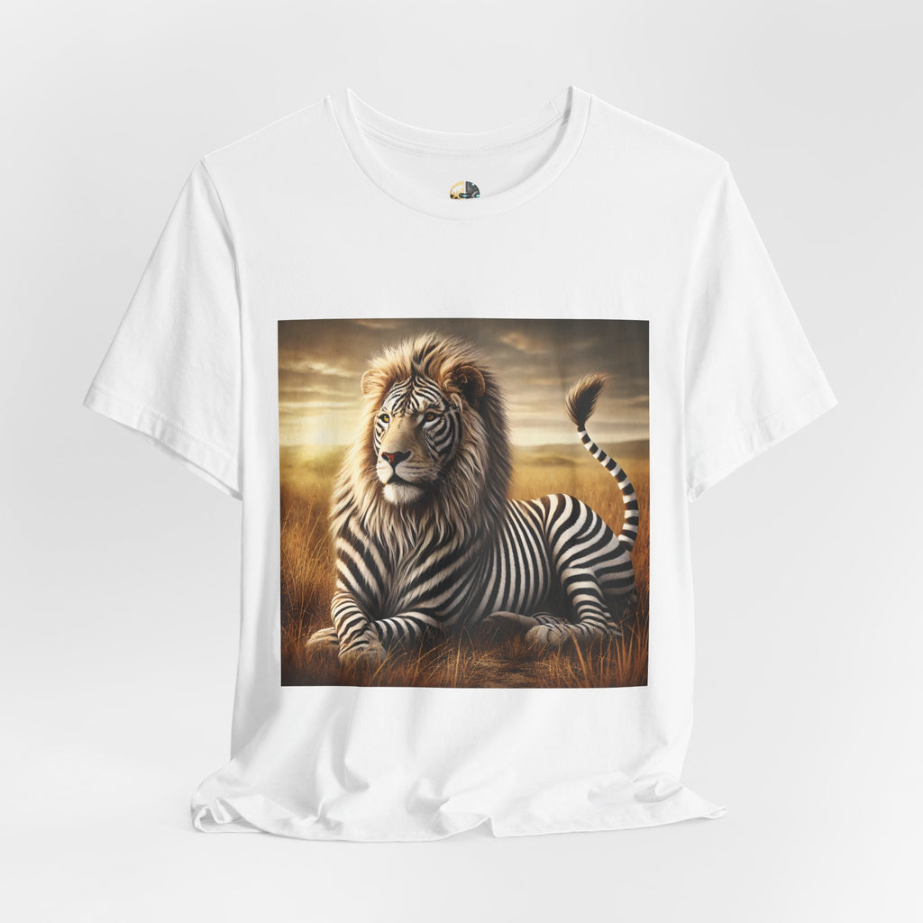 White T-shirt featuring a lion with distinctive zebra-like stripes lying on dry savanna grass under a clear sky