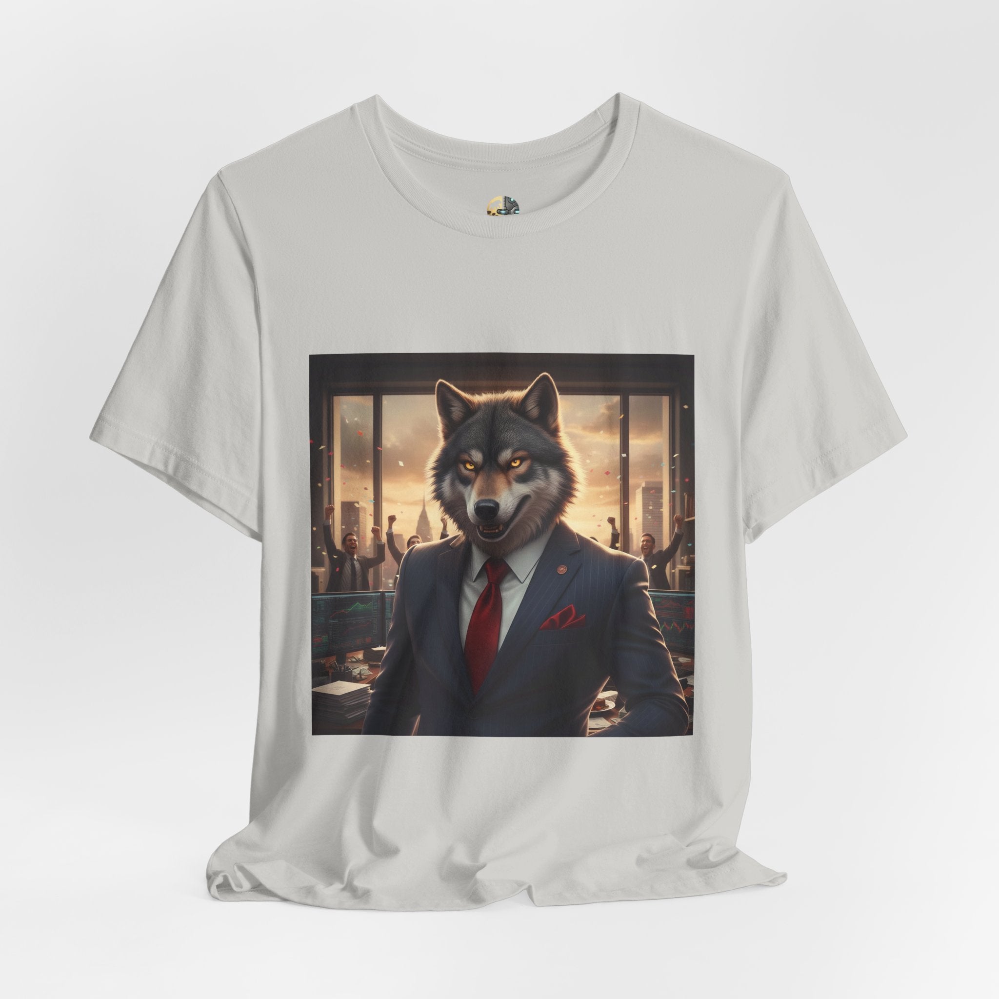 Silver T-shirt featuring a graphic of a wolf dressed as a stockbroker in a suit and red tie, standing in a high-rise office with celebrating traders in the background
