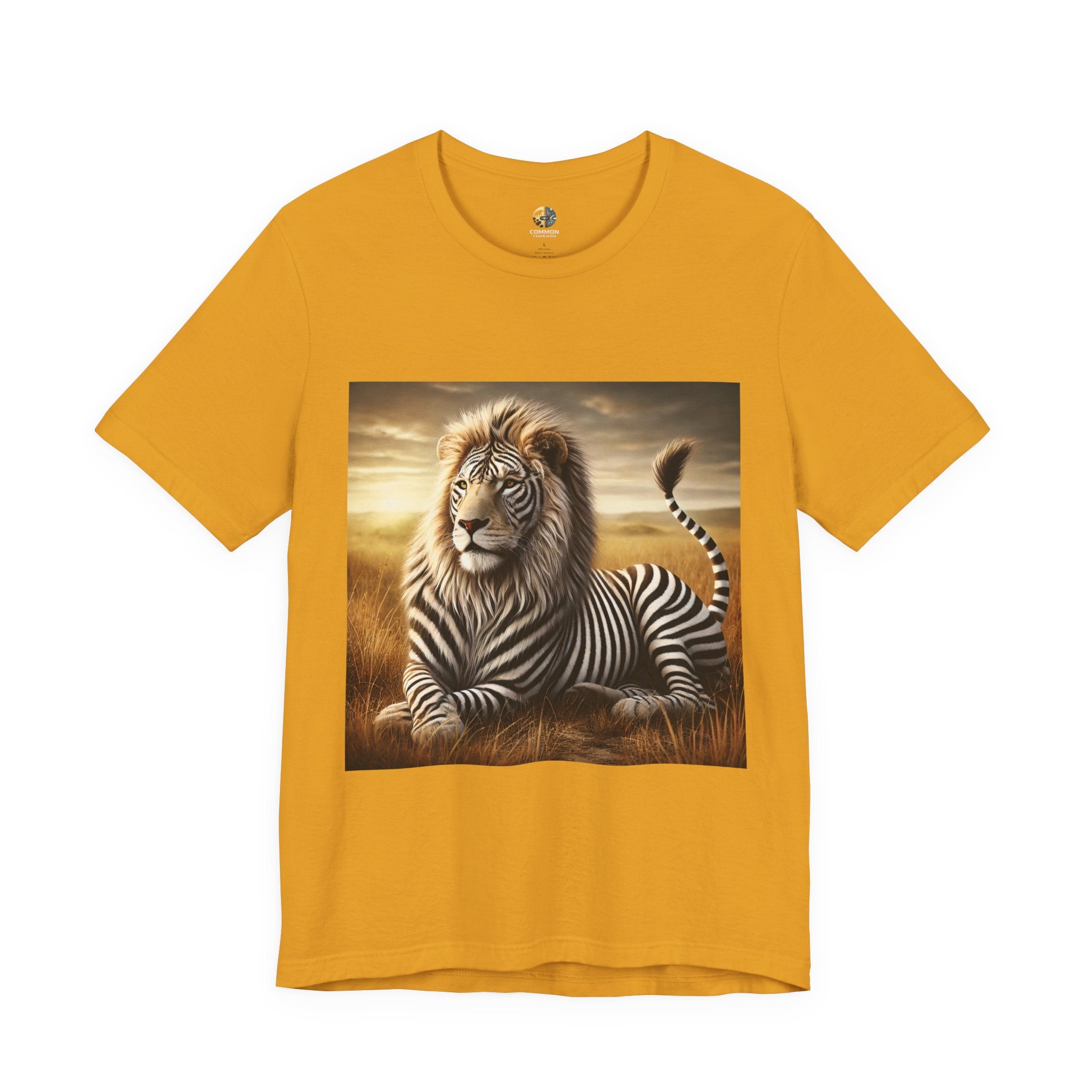 Mustard yellow T-shirt featuring a lion with distinctive zebra-like stripes lying on dry savanna grass under a clear sky