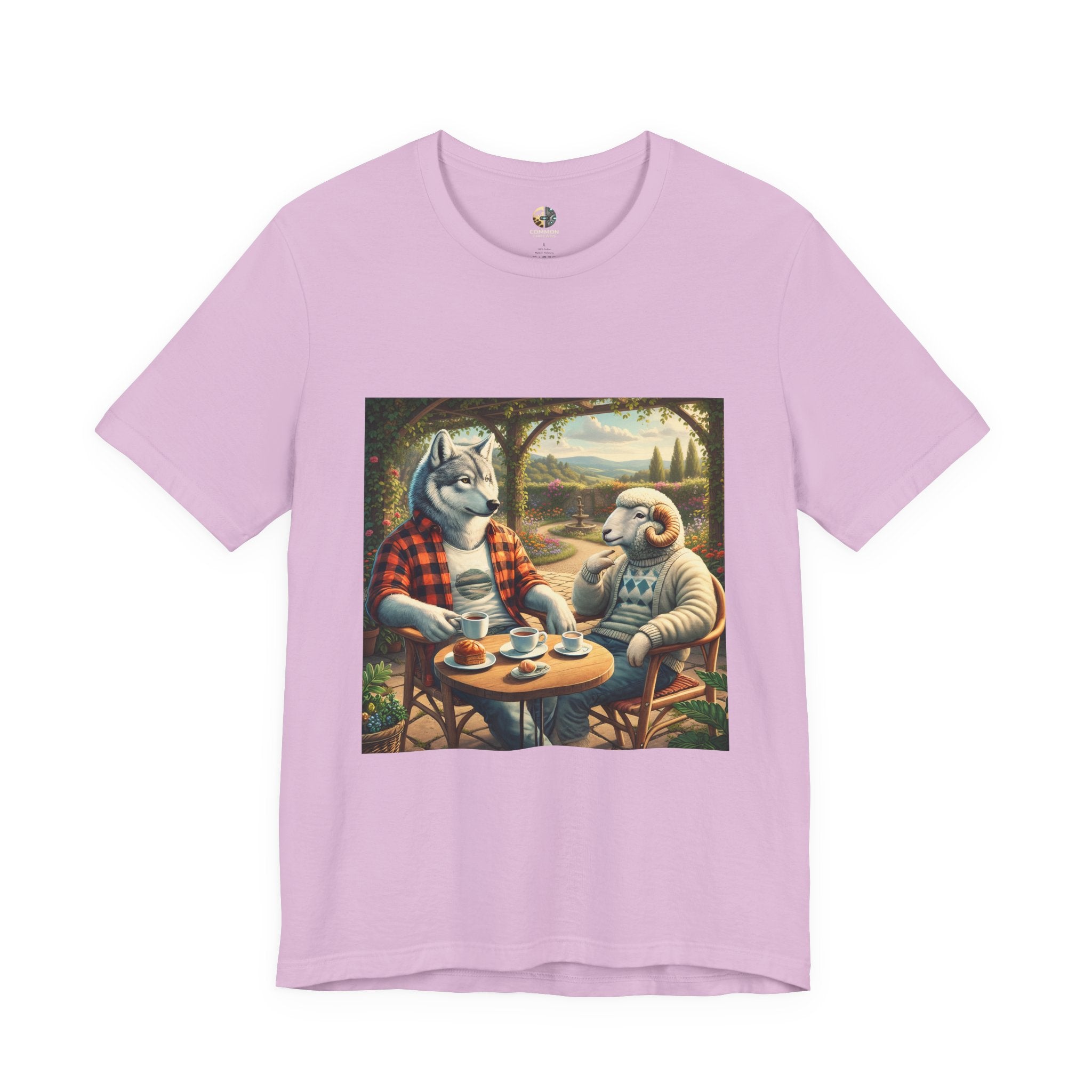 Lilac T-shirt featuring a graphic of a wolf in a flannel shirt and a ram in a patterned sweater sitting at a café table drinking coffee on a porch