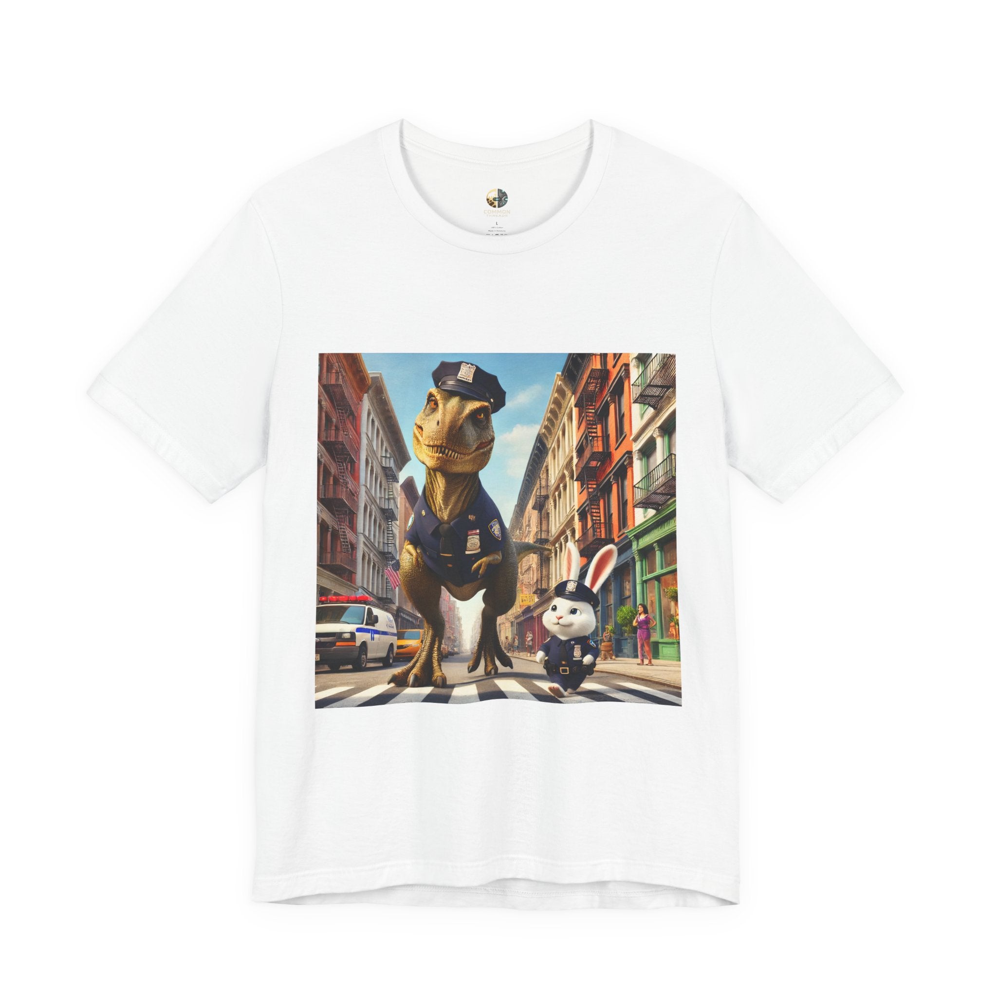 White T-shirt showing a T-Rex and a bunny dressed as police officers standing together on a crosswalk in a New York–style urban setting