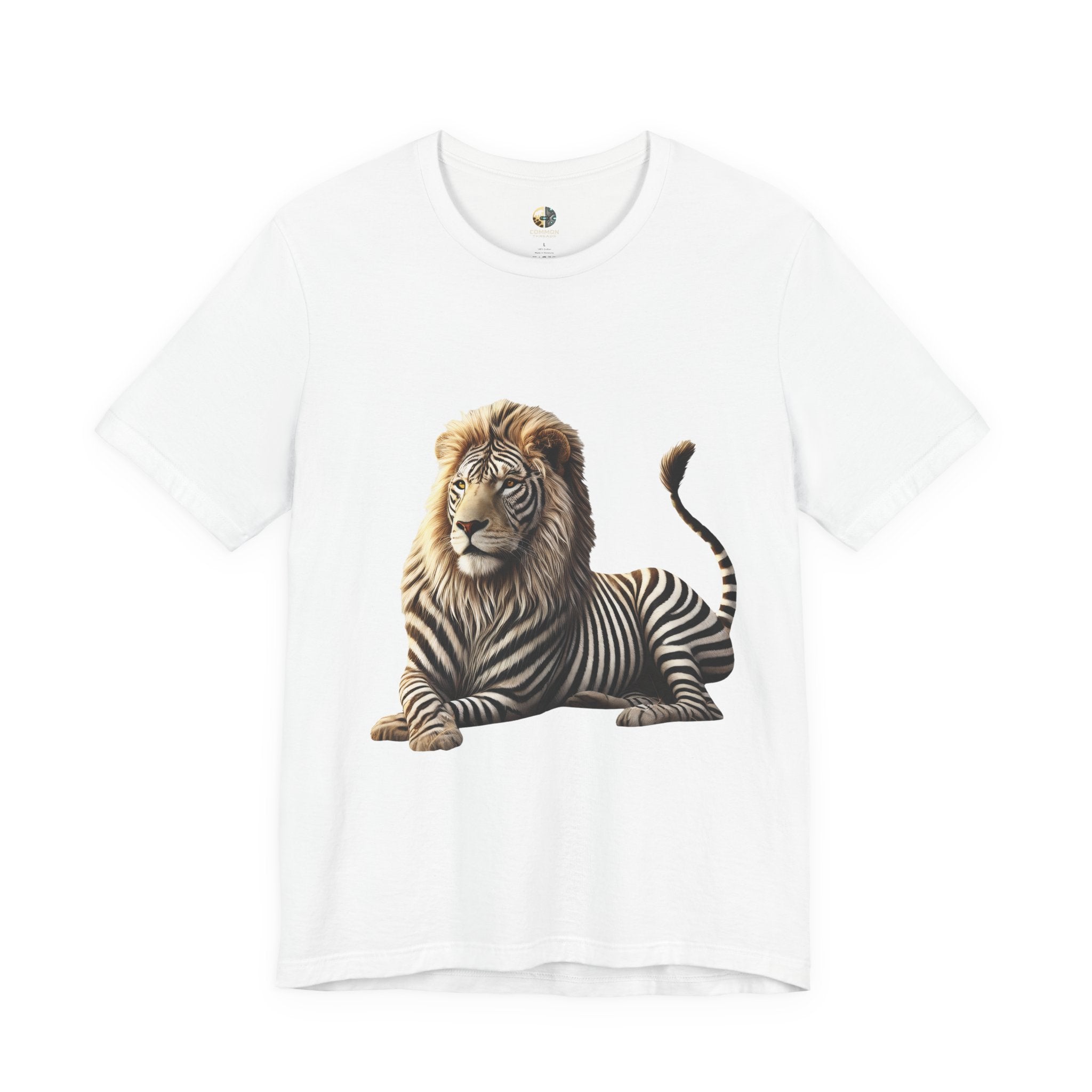 White T-shirt with graphic of a lion with zebra stripes