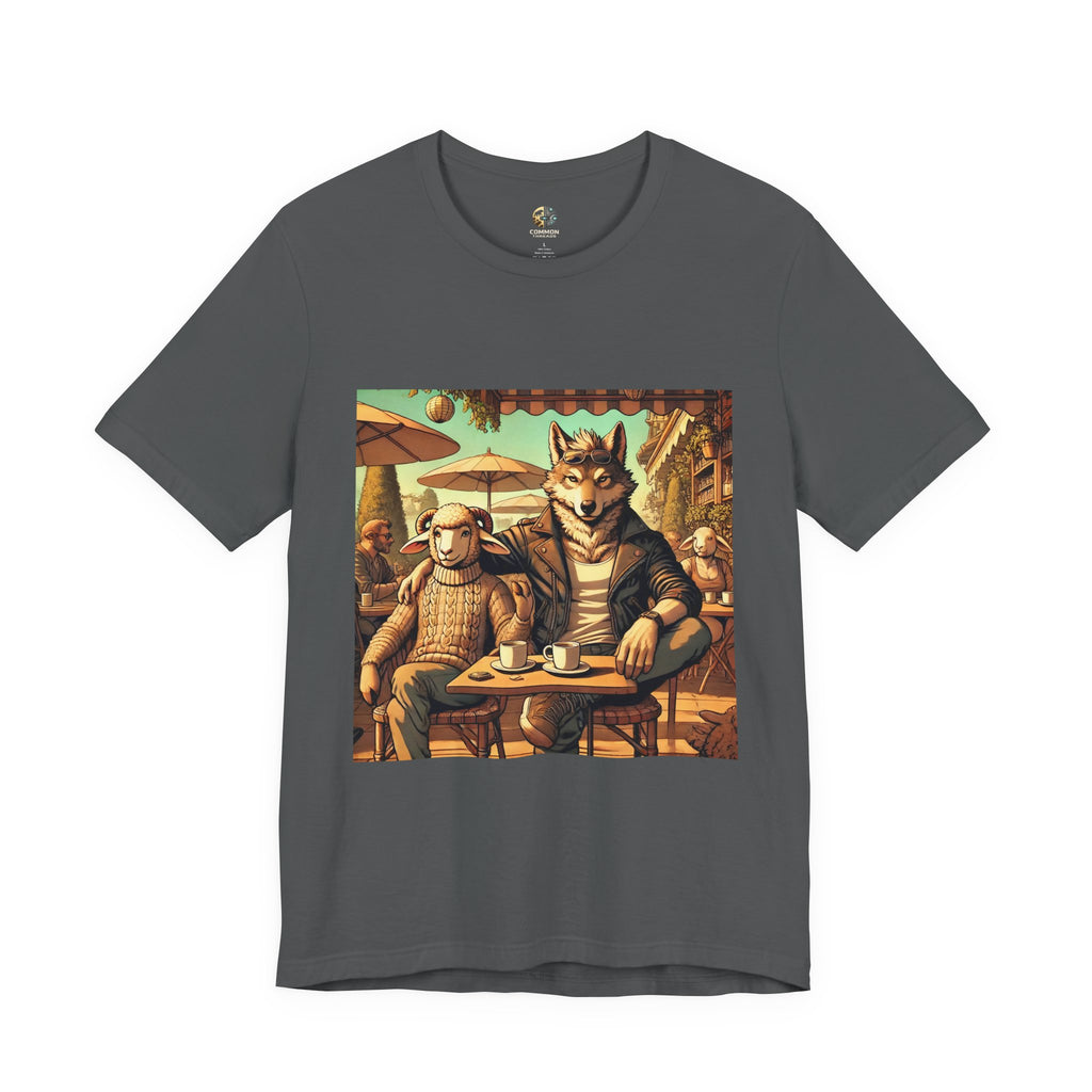 Asphalt grey T-shirt featuring an anthropomorphic wolf and lamb seated at a café table in warm, painterly style