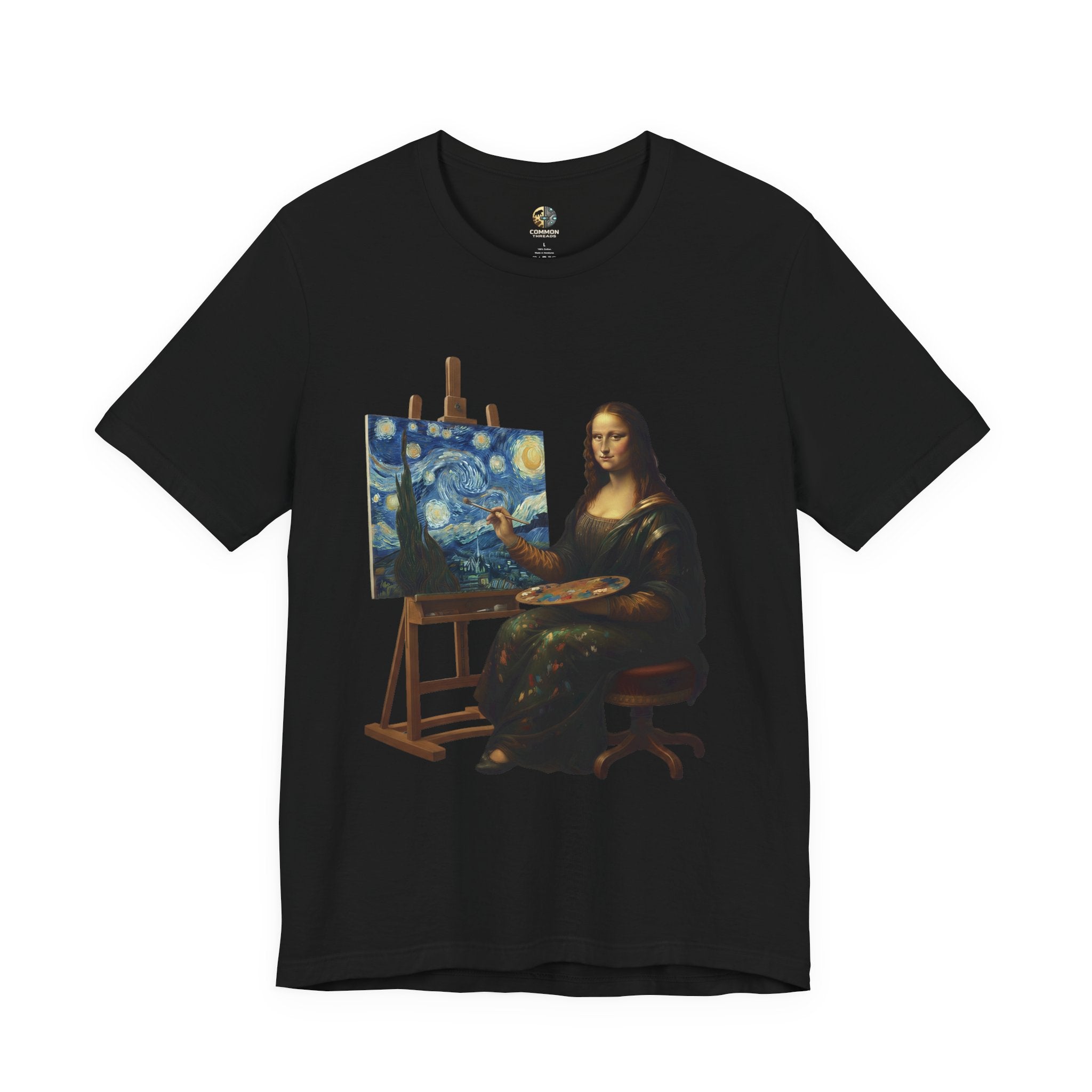 Black t-shirt with a graphic of the Mona Lisa painting ‘The Starry Night’