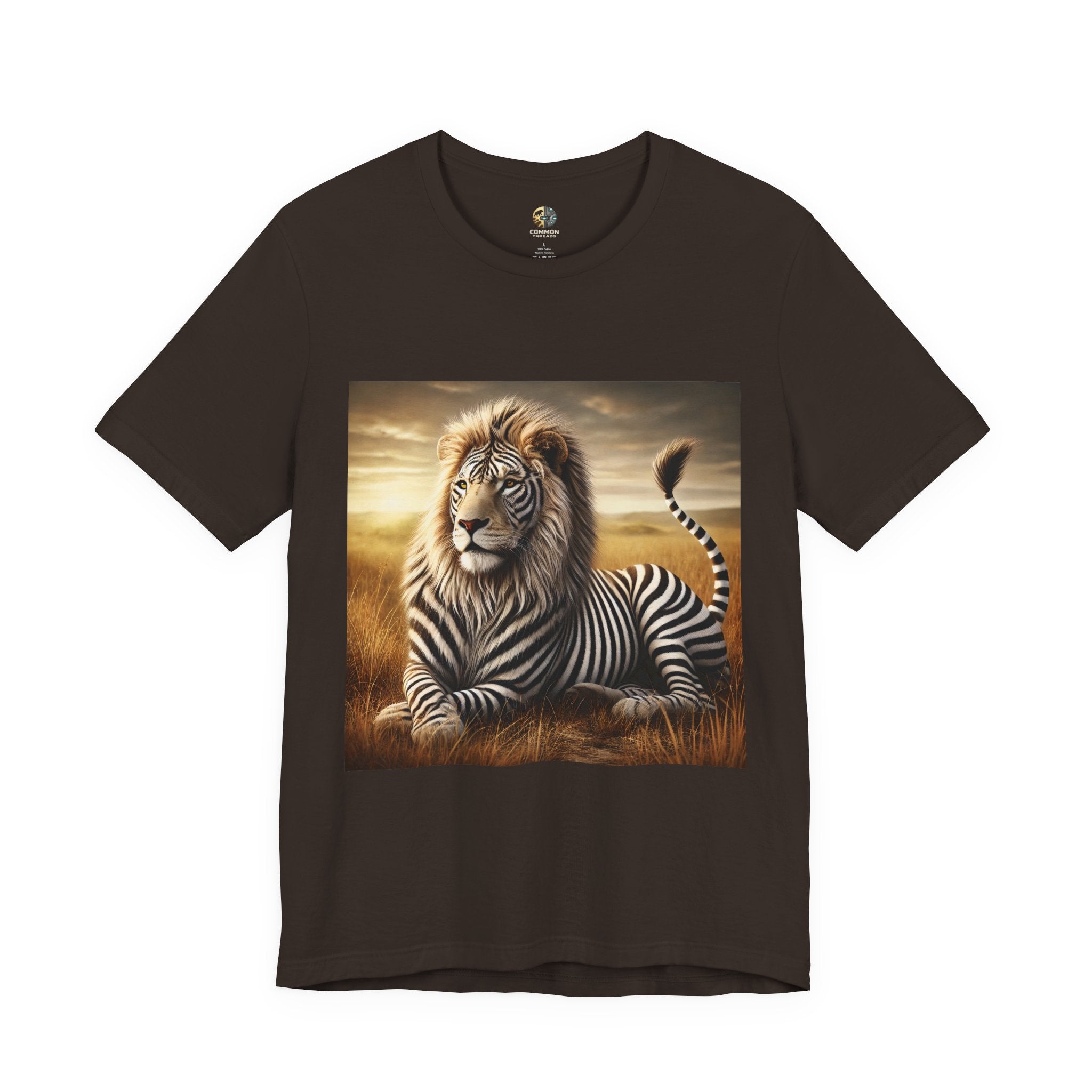 Brown T-shirt featuring a lion with distinctive zebra-like stripes lying on dry savanna grass under a clear sky