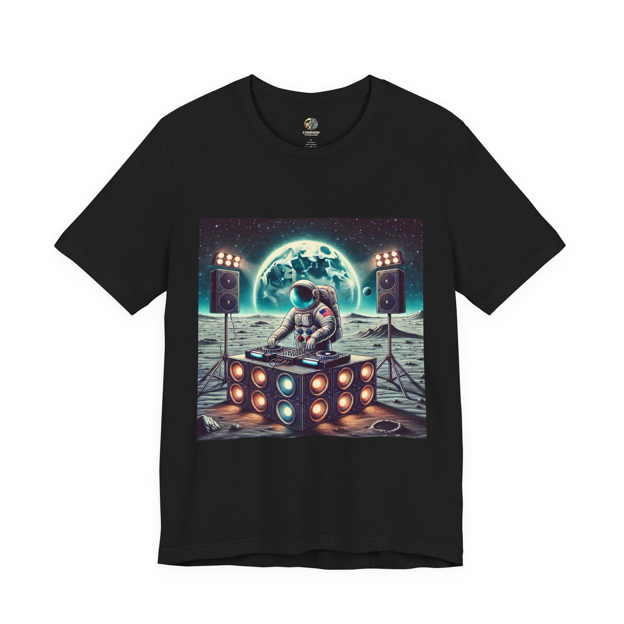 Black T-shirt with graphic of an astronaut on the moon DJing with large speakers, with Earth visible in the starry sky