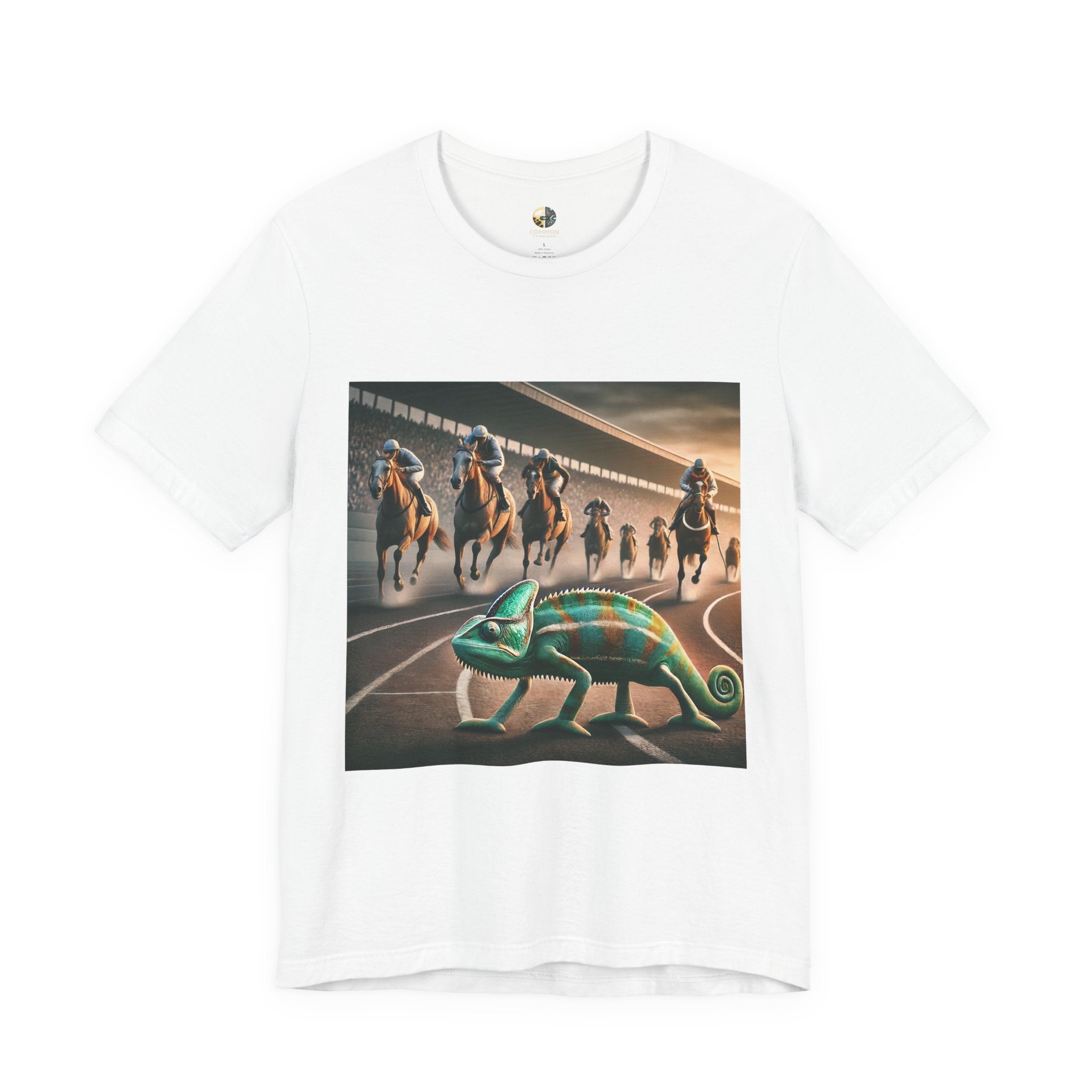 White T-shirt featuring a chameleon on a racetrack with a pack of racehorses approaching from behind