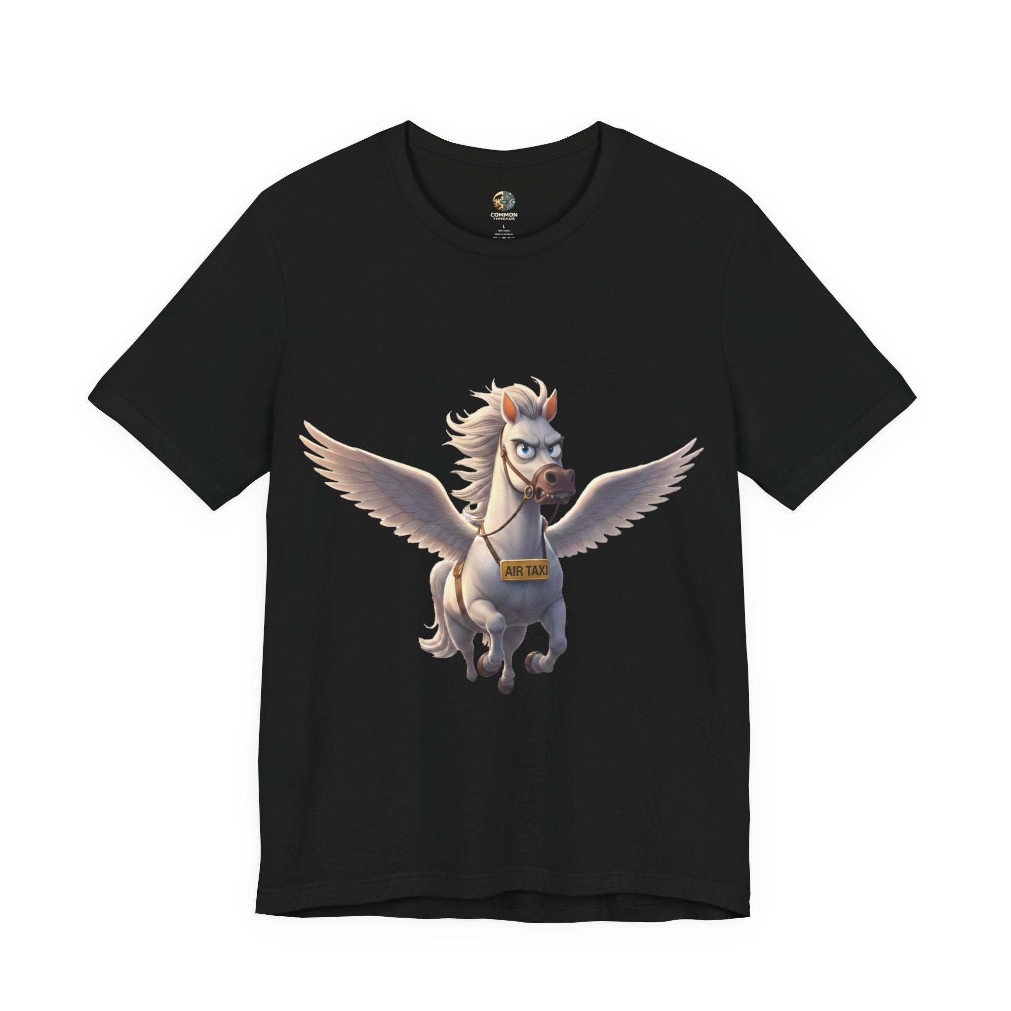 Black t-shirt featuring a cartoon pegasus wearing a sign that reads “Air Taxi”